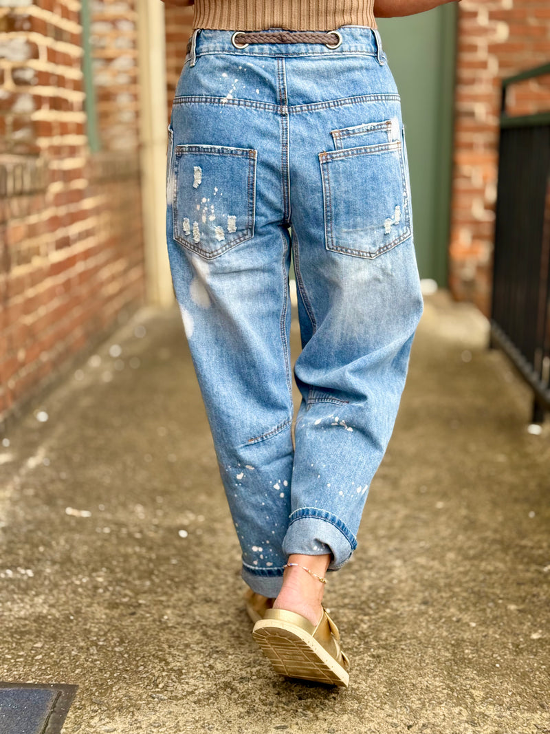 Paint Splattered Rope Belt Jeans
