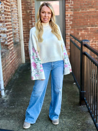 Floral Sleeve Mock Neck Sweater