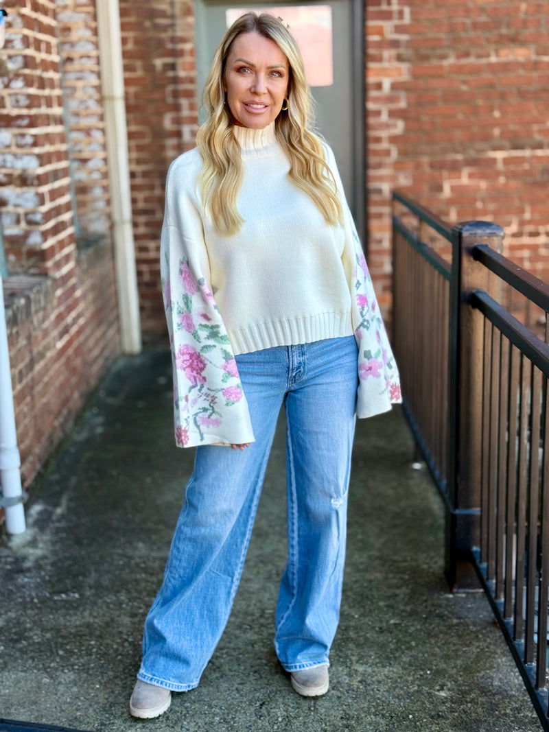 Floral Sleeve Mock Neck Sweater