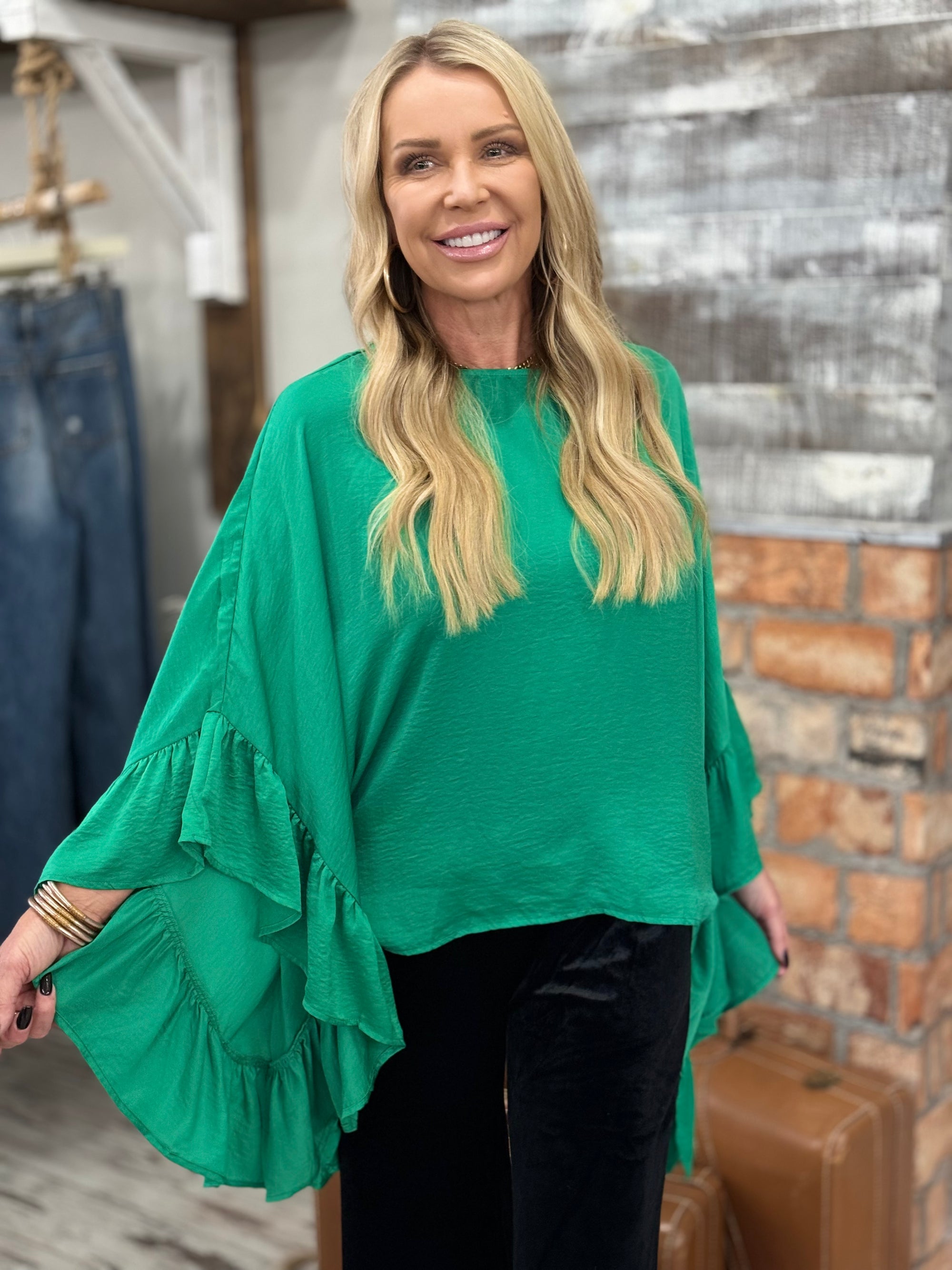 Satin Ruffle Sleeve Top in Green