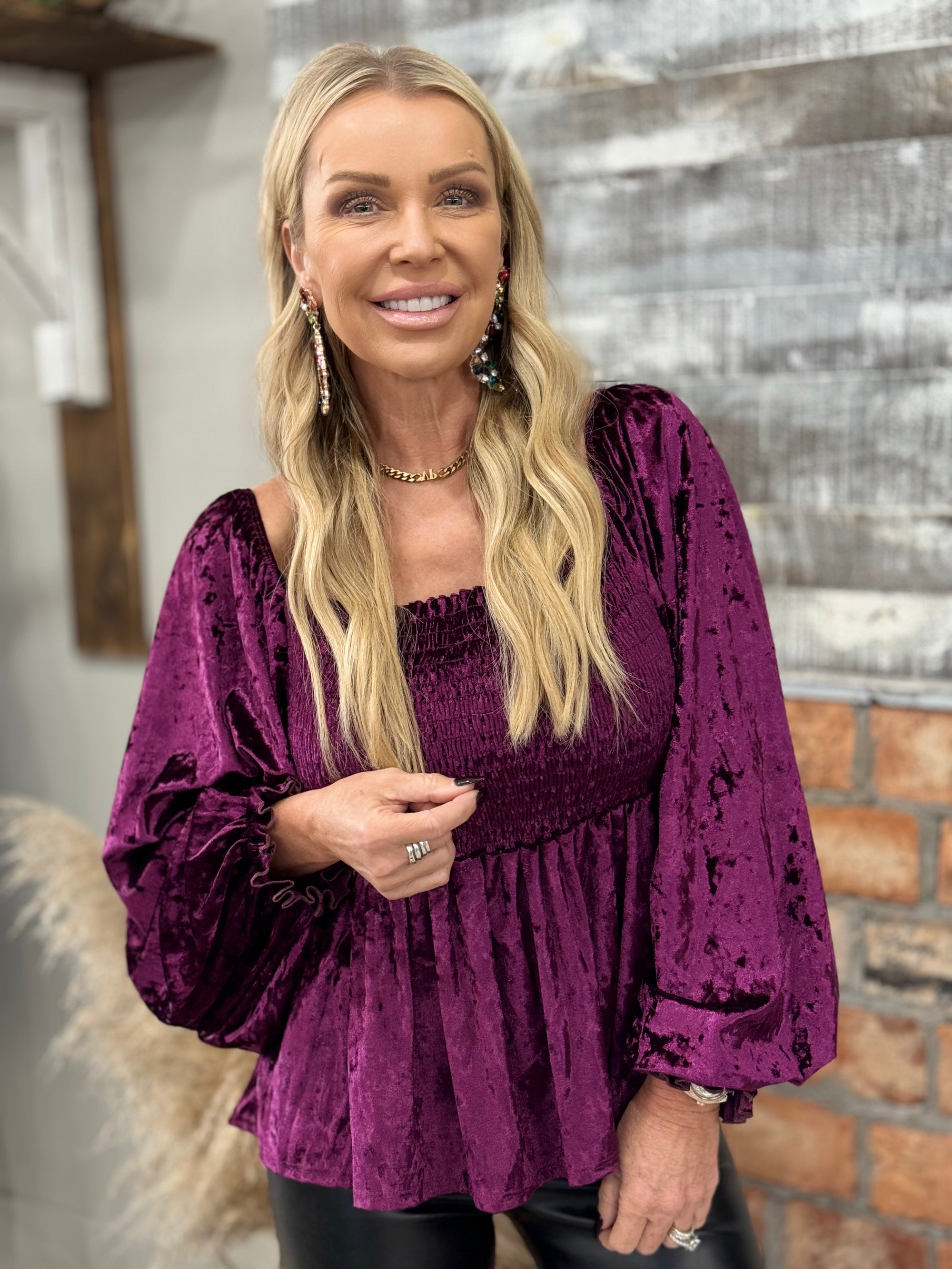 Smocked Velvet Babydoll Top in Plum
