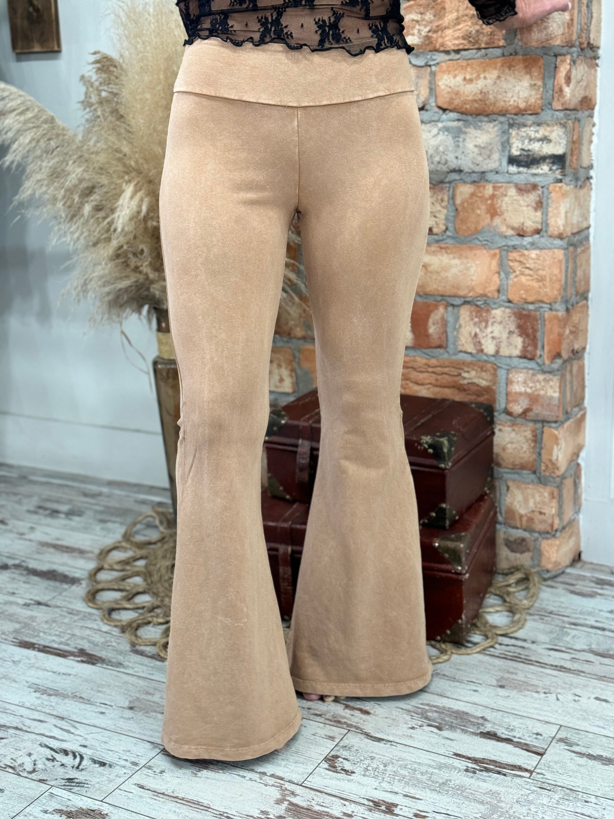 Washed Bell Bottom Flare Pants with Pockets in Camel
