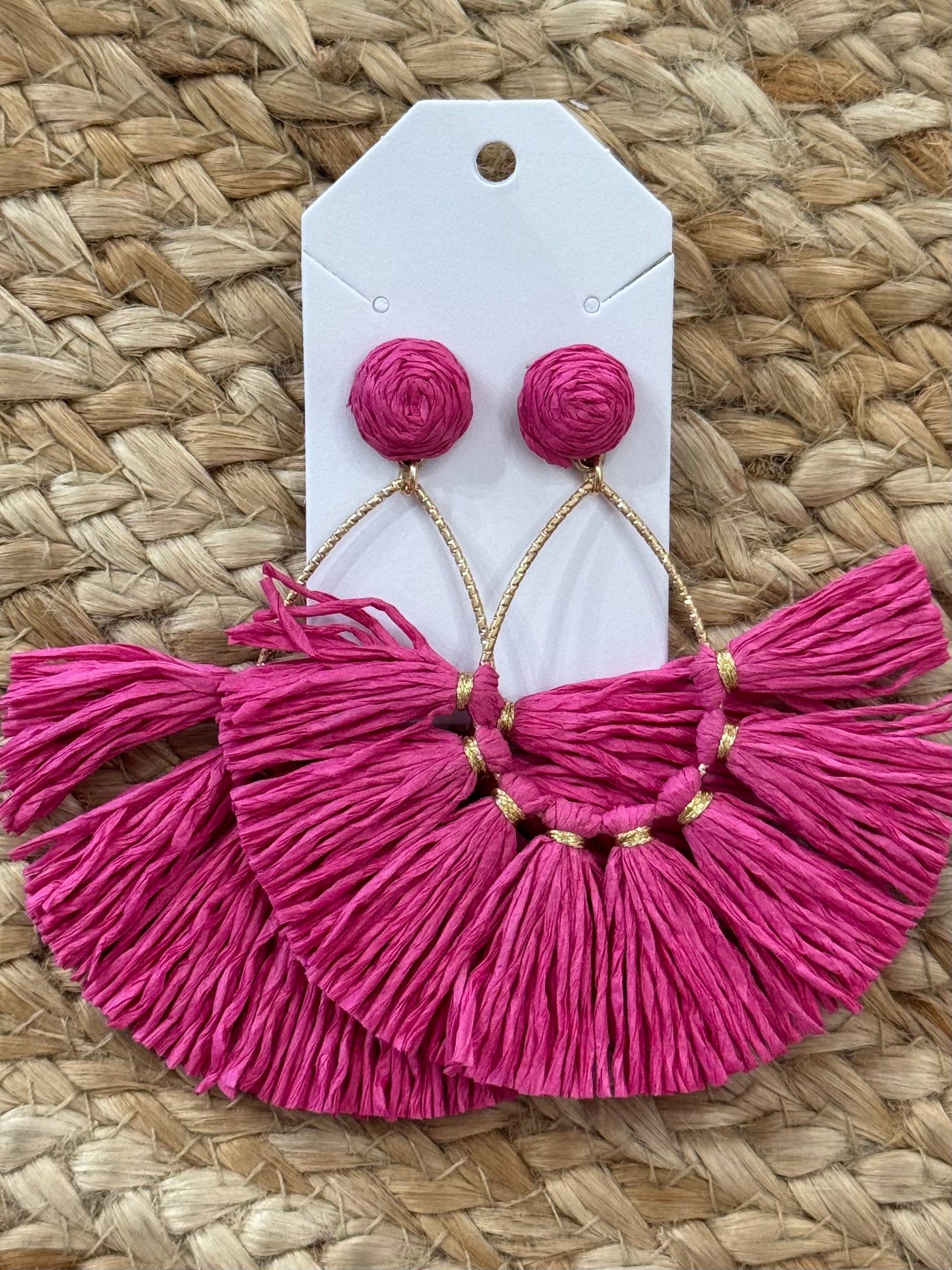 Raffia Fan Tassel Earrings in Fuchsia