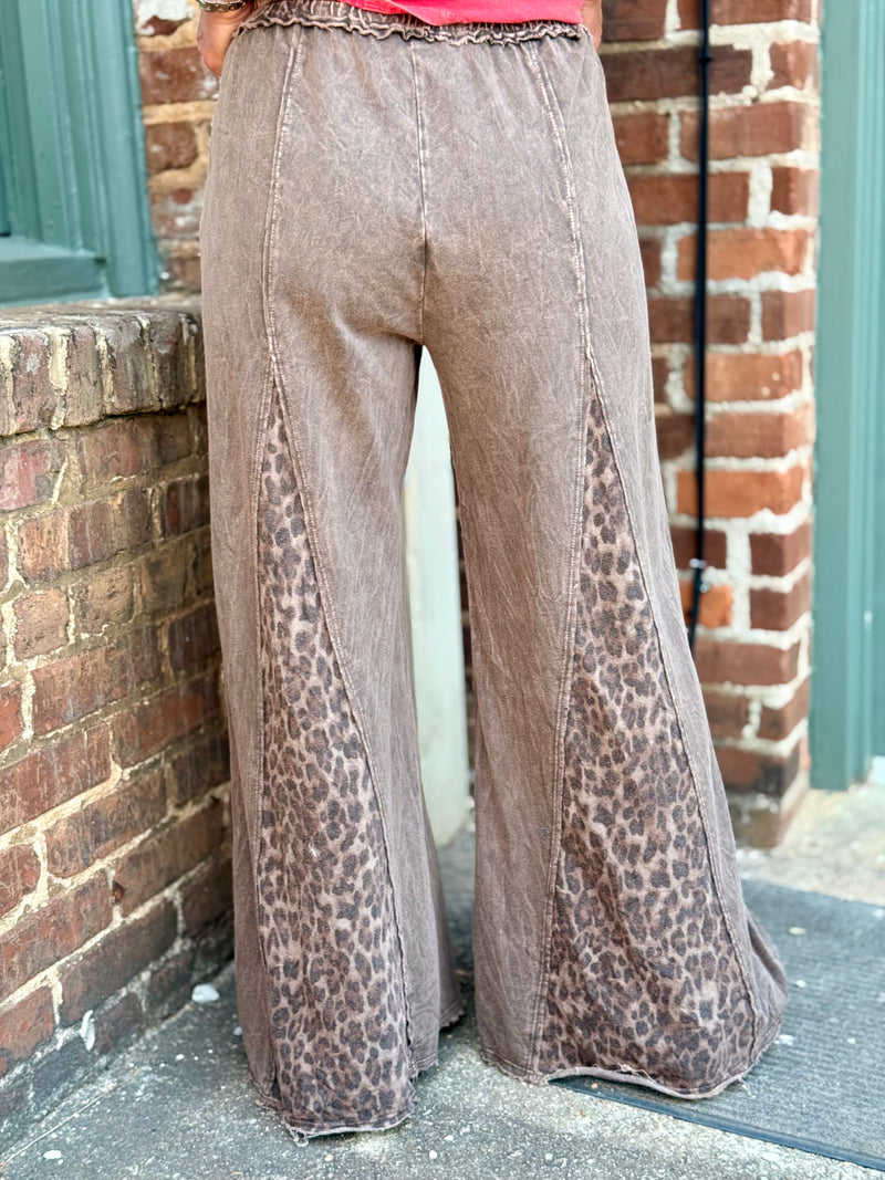 Washed Leopard Panel Flare Pants