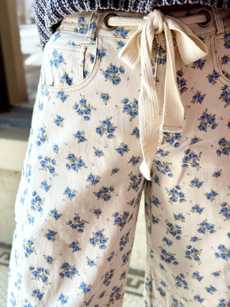 Floral Waist Tie Barrel Jeans