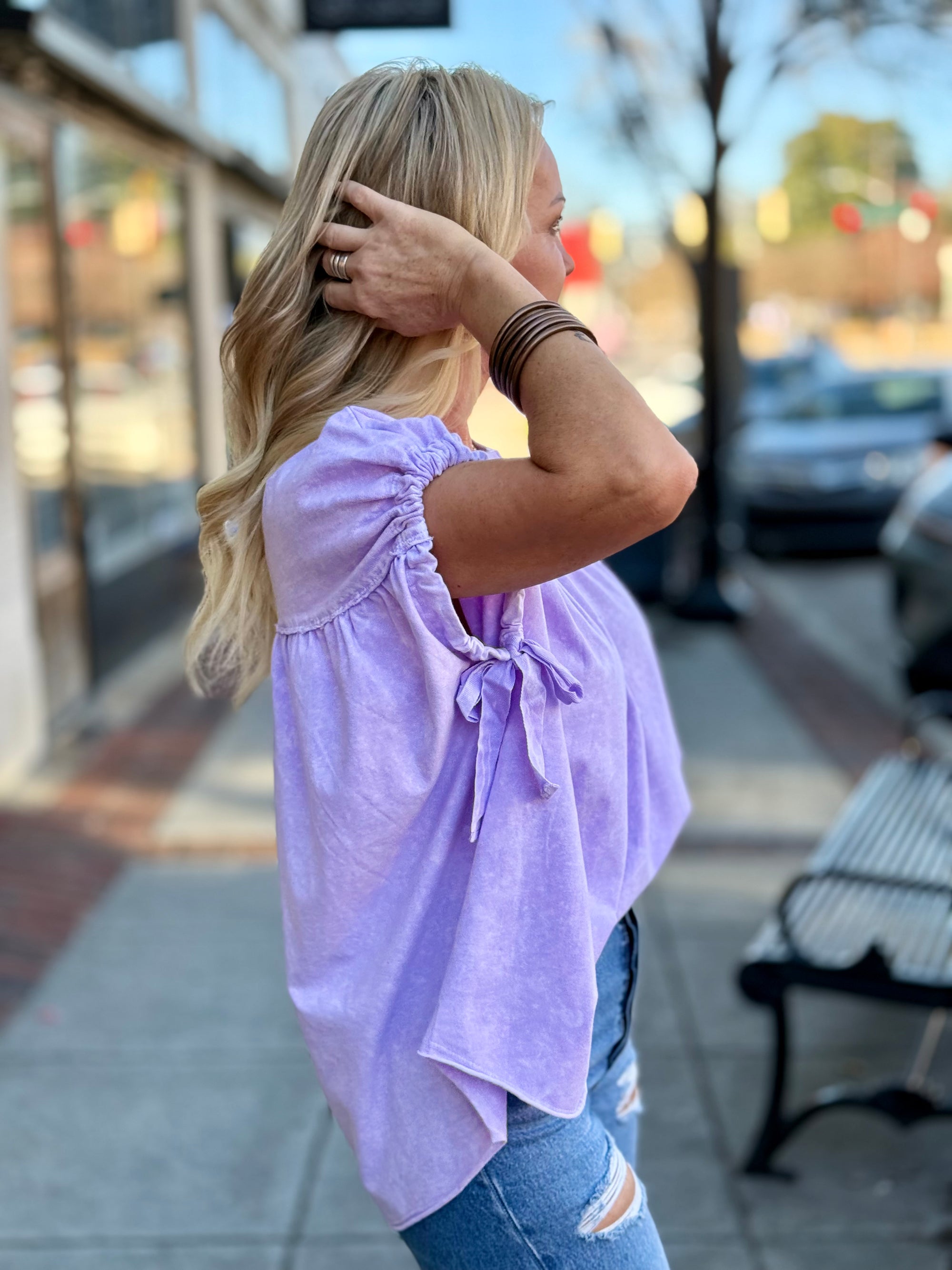 Washed Sleeve Tie Top | Lavender