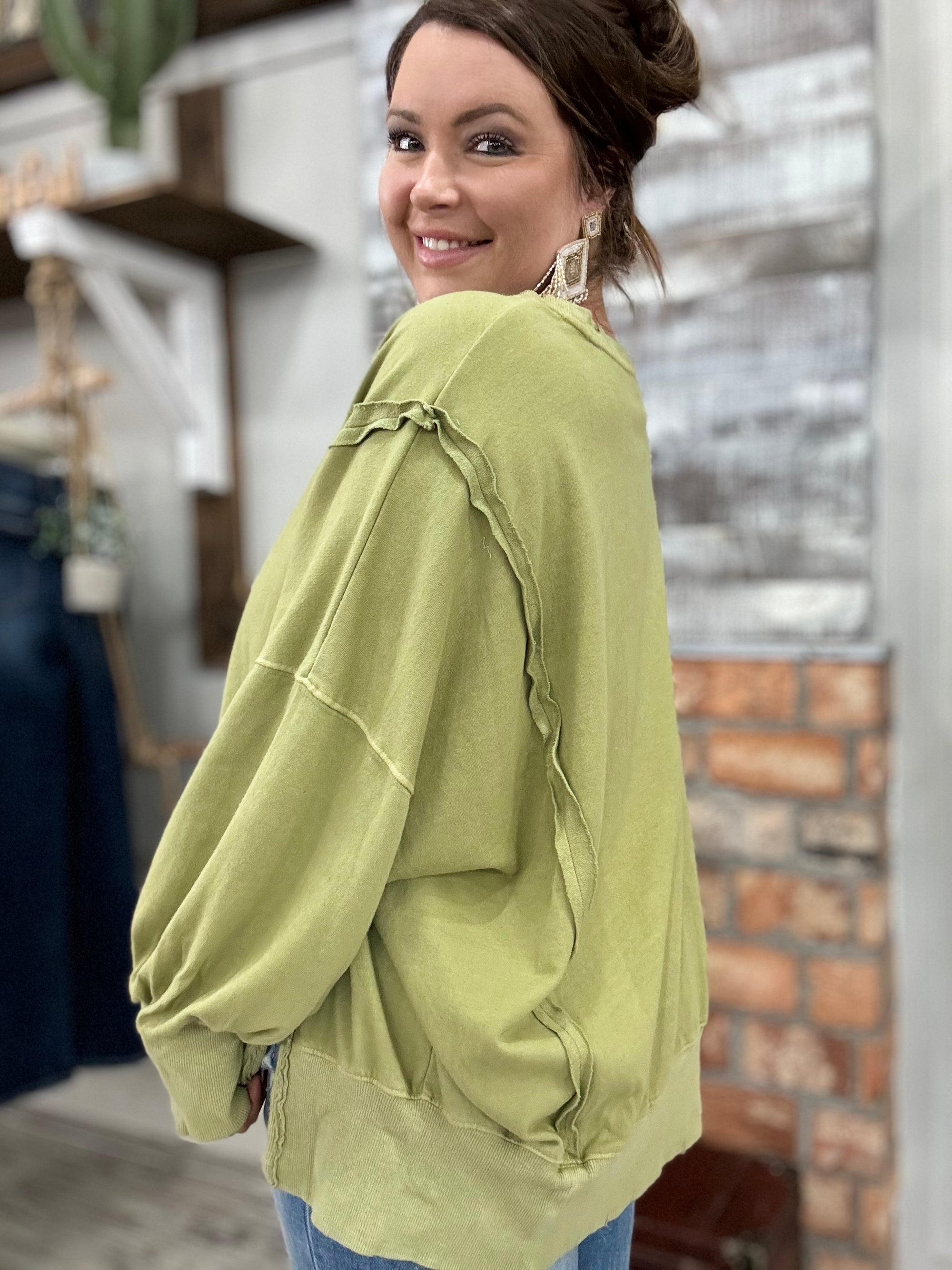 Oversized Reverse Stitch Pullover in Olive