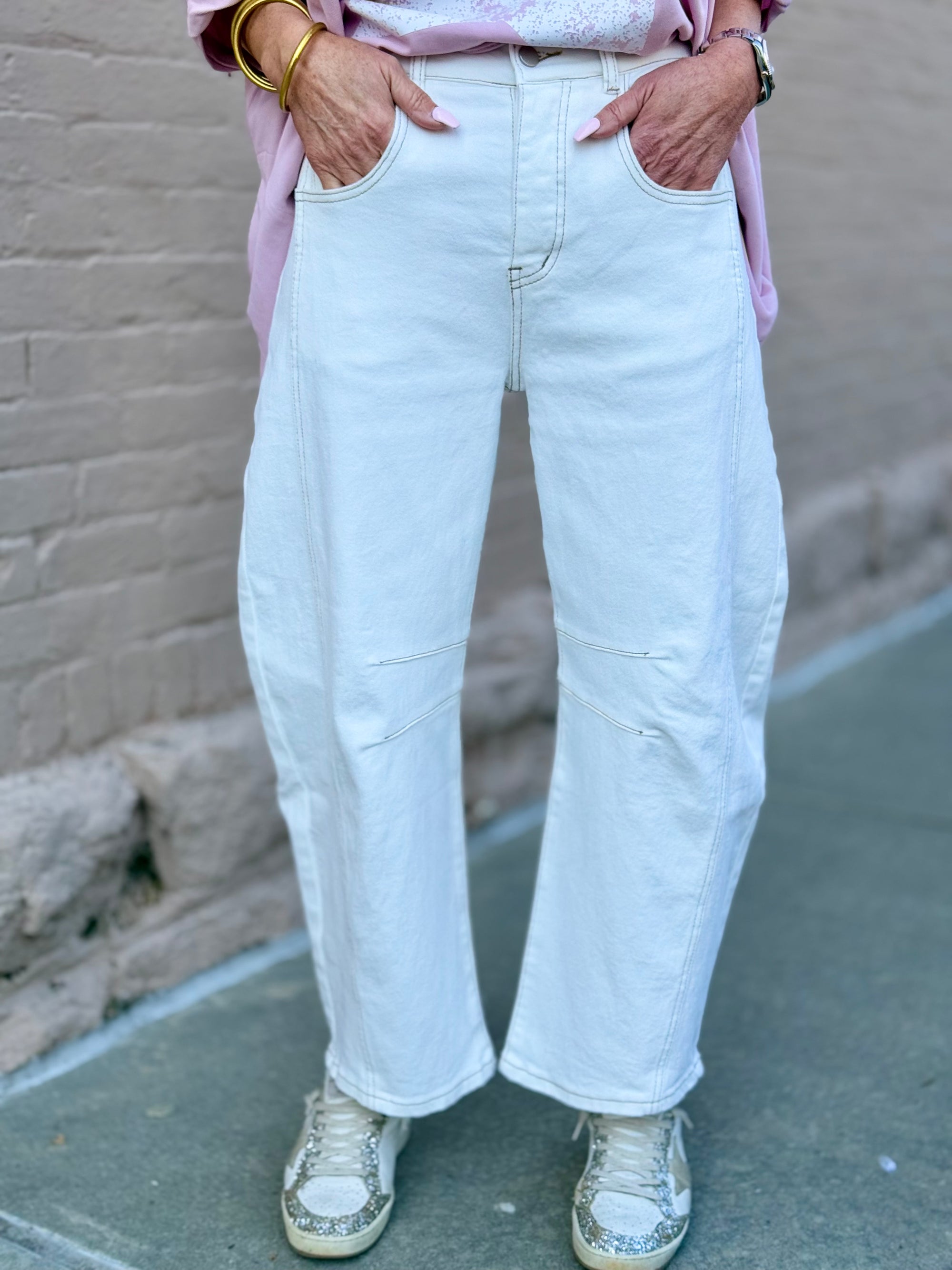 White Contrast Stitch Barrel Jeans