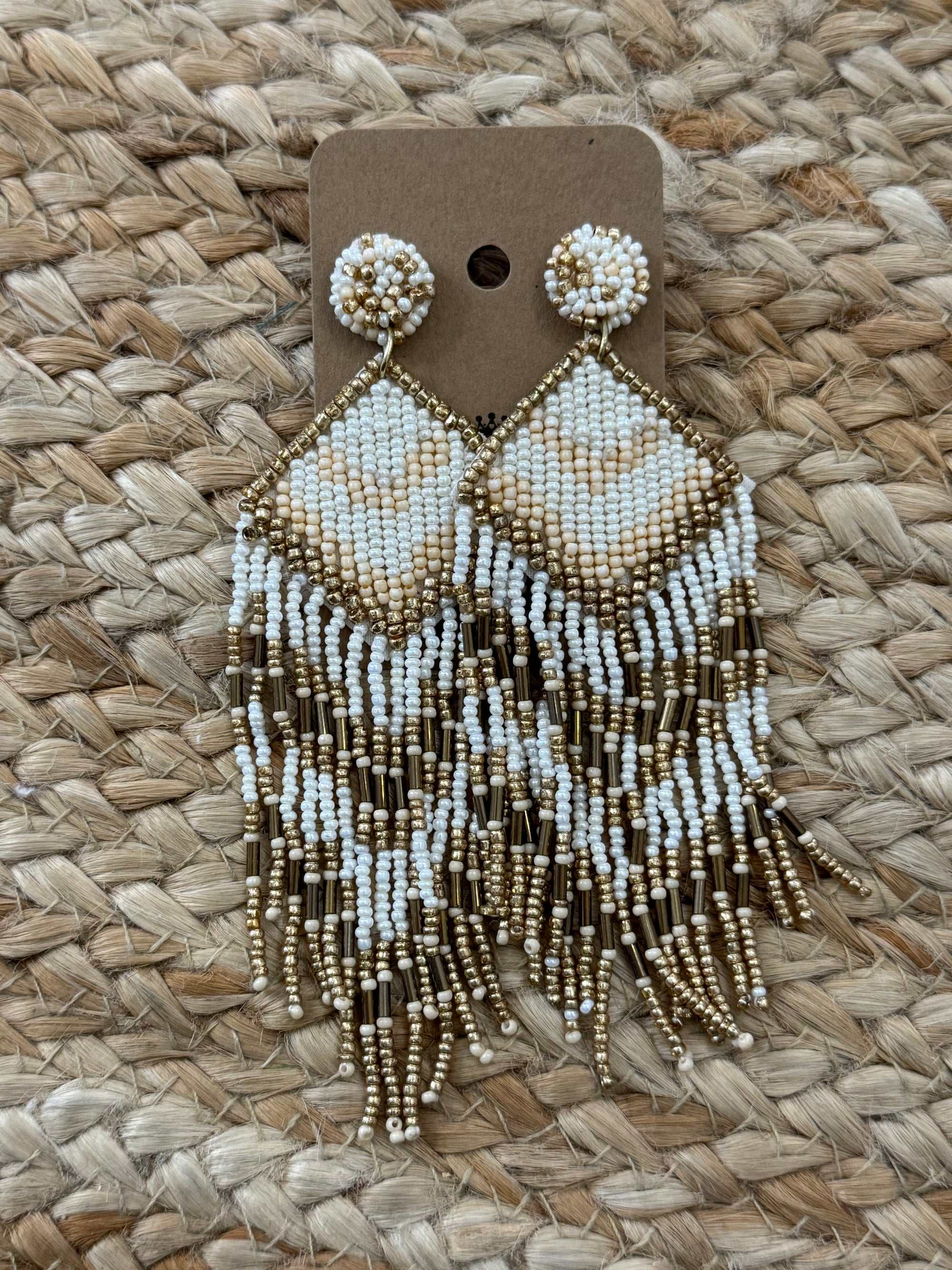Beaded Rhombus Tassel Earrings in Ivory