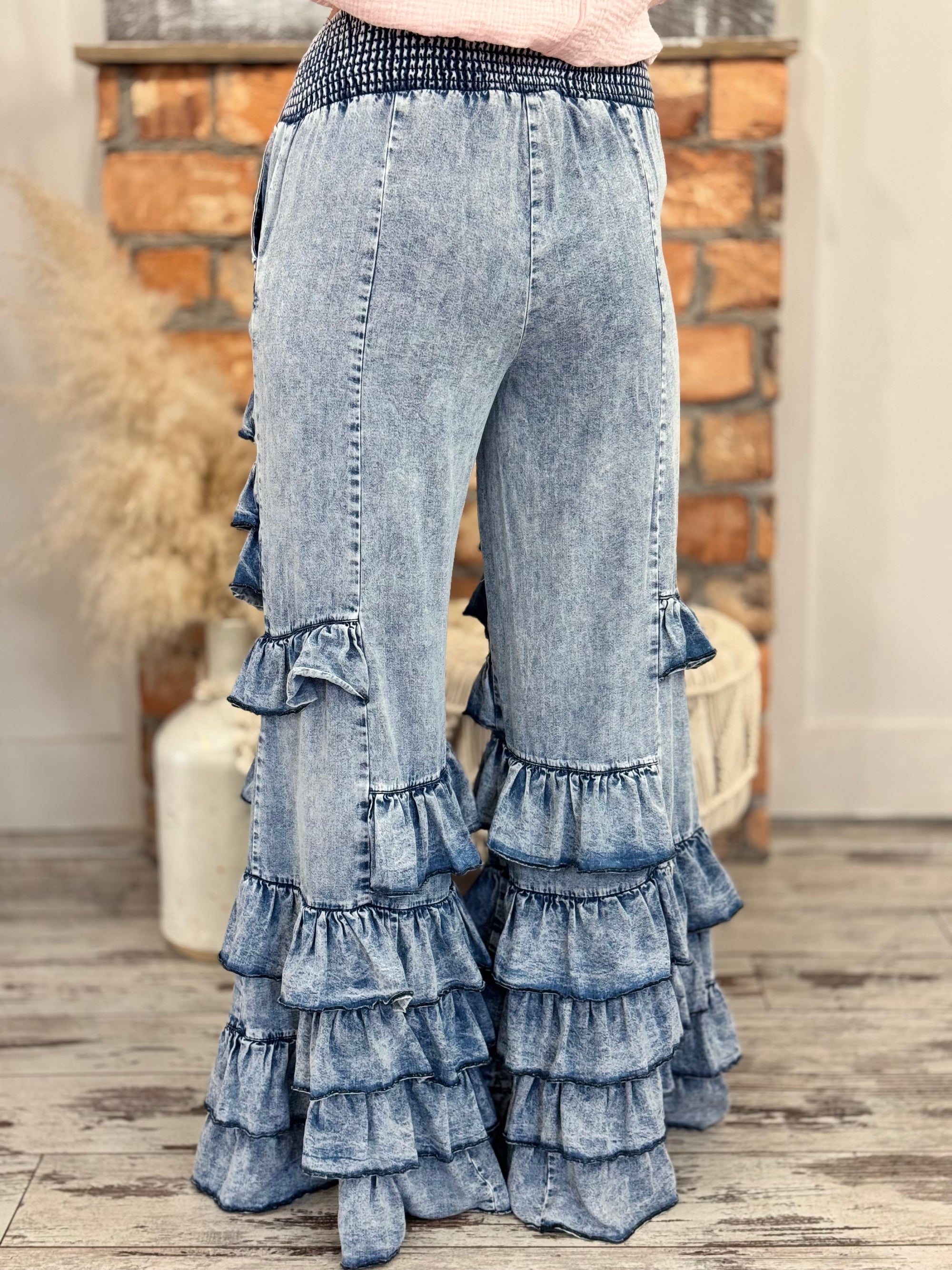 Tiered Ruffle Bell Bottom Pants