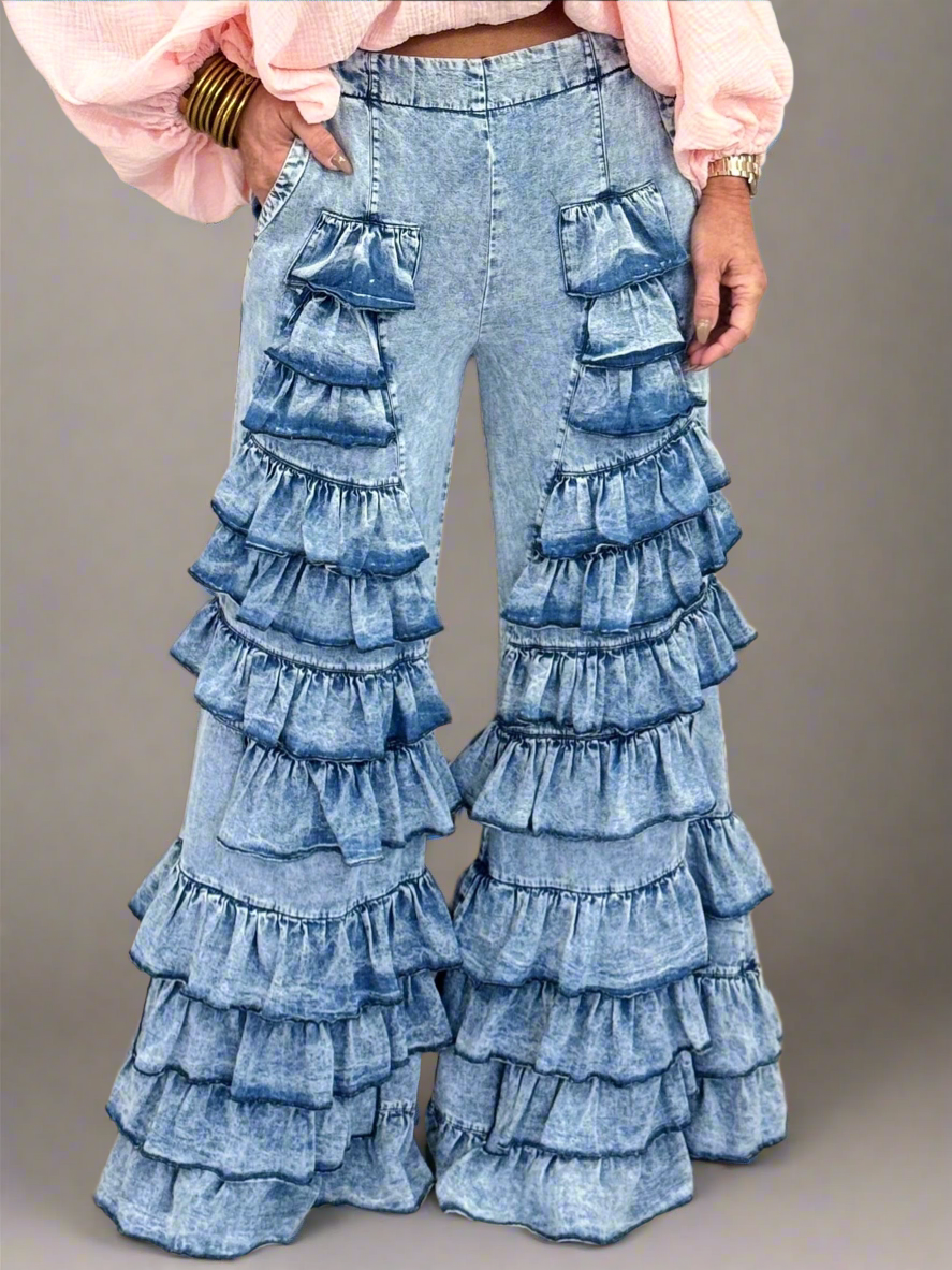 Tiered Ruffle Bell Bottom Pants
