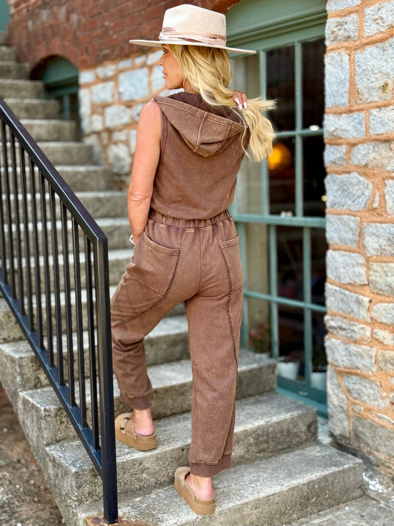 Hooded Zip Up Jogger Jumpsuit | Brown