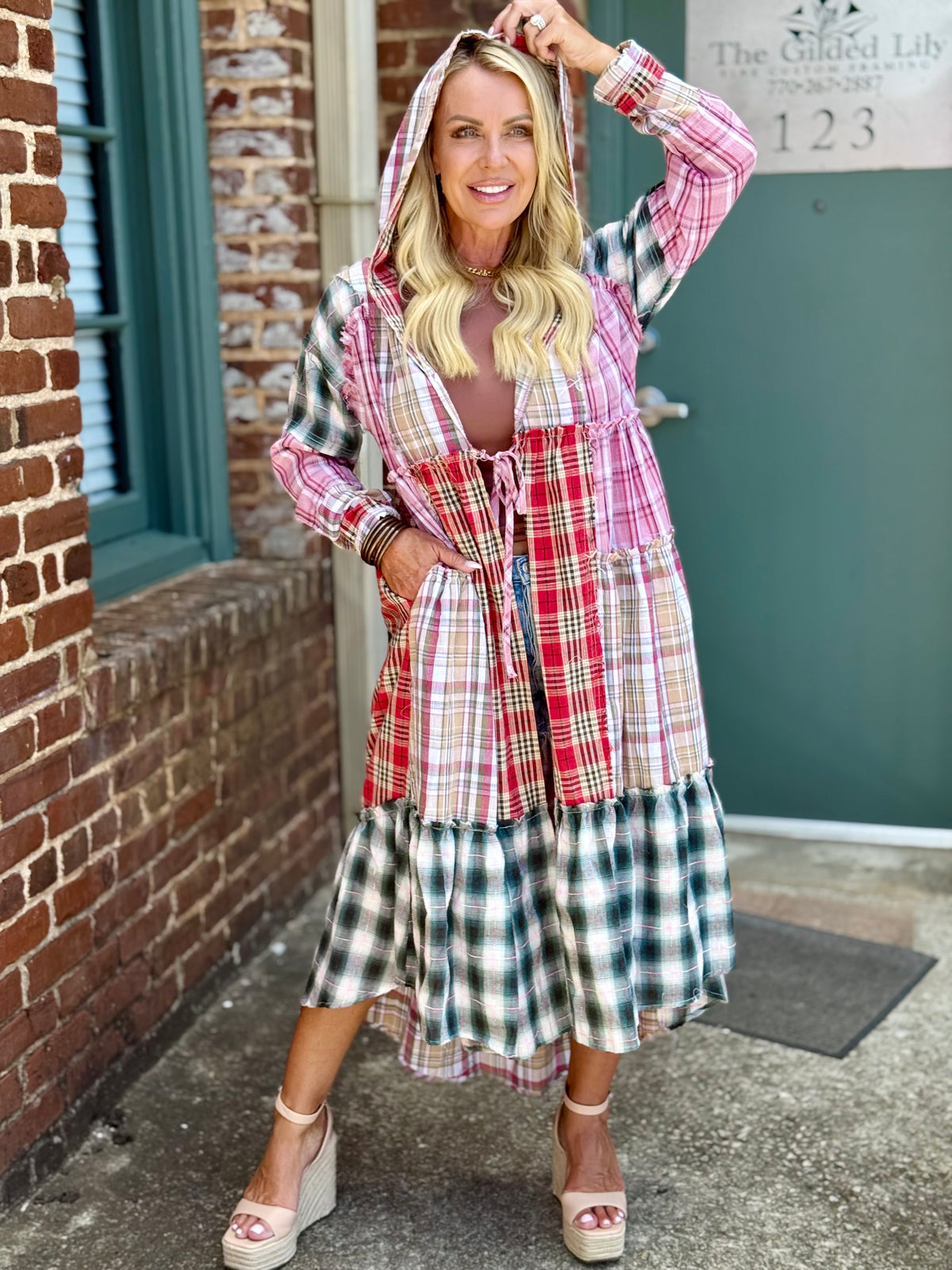 Plaid Colorblock Hooded Duster