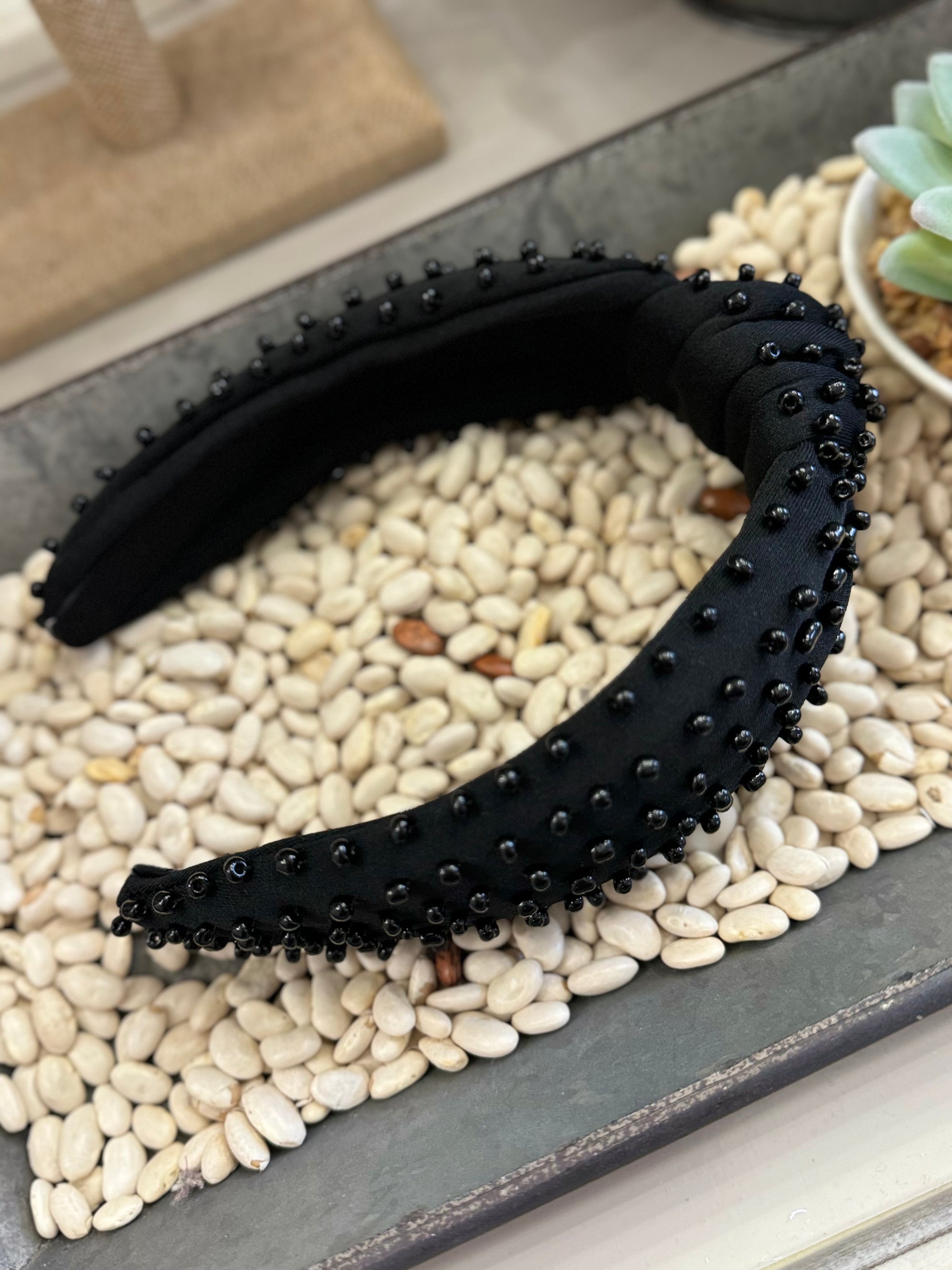 Solid Beaded Knotted Headband in Black