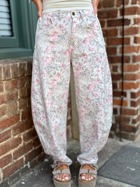Floral Print Barrel Jeans