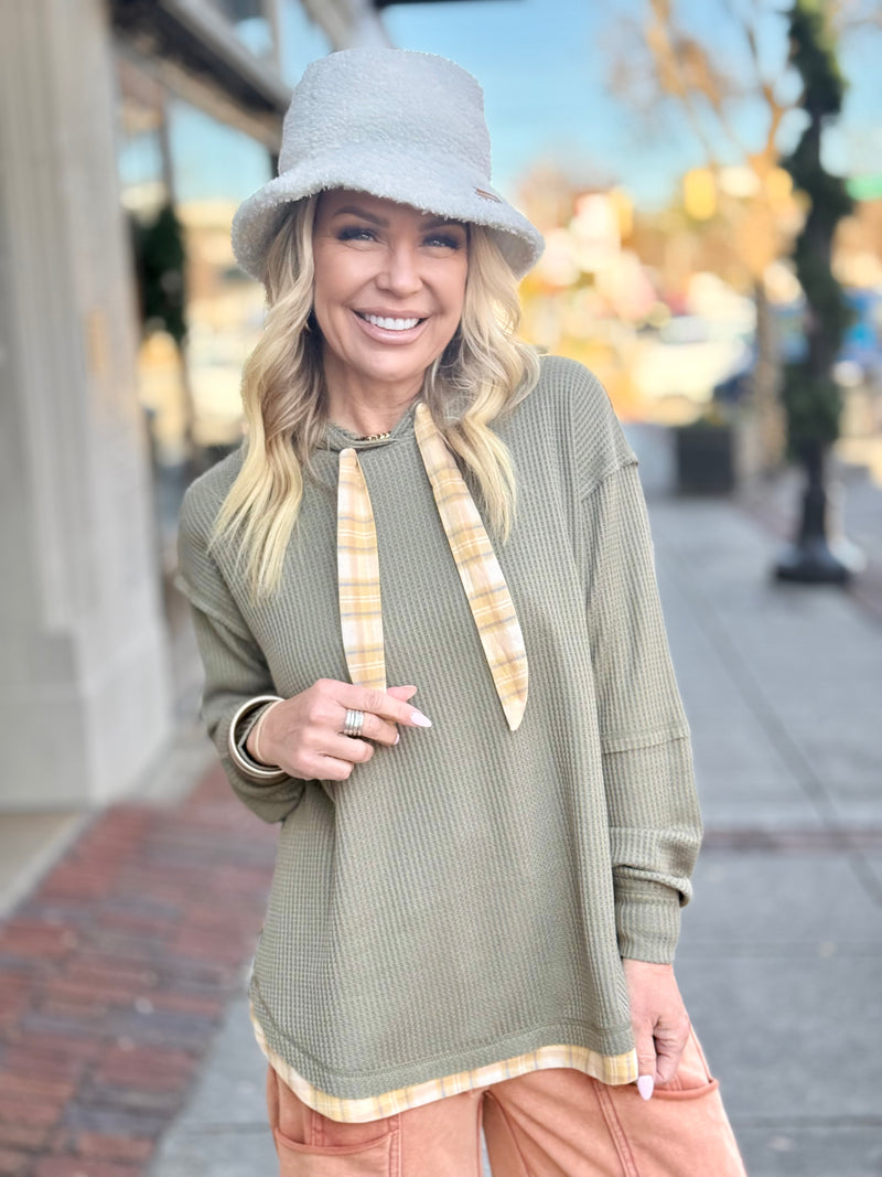 Plaid Trimmed Waffle Knit Hoodie