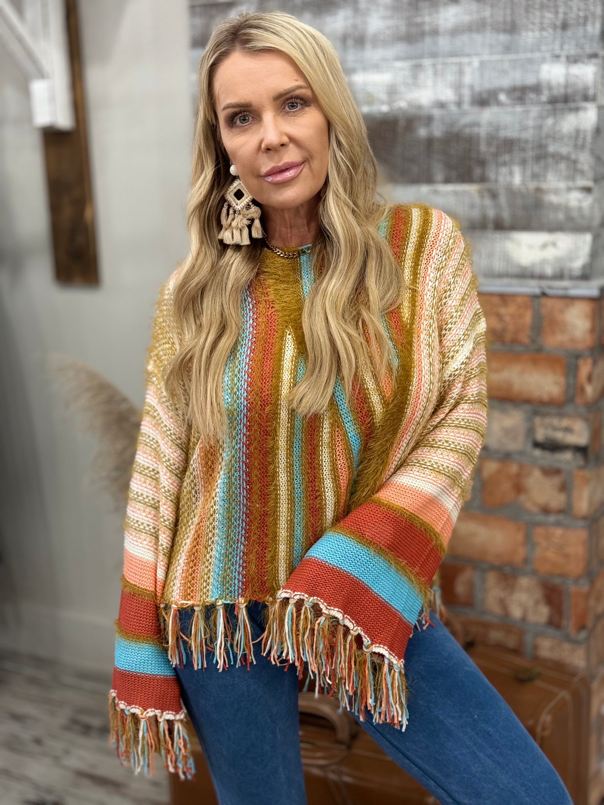 Striped Bell Sleeve Tassel Hem Sweater