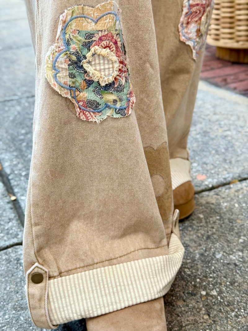 Floral Patch Cuffed Wide Leg Pants