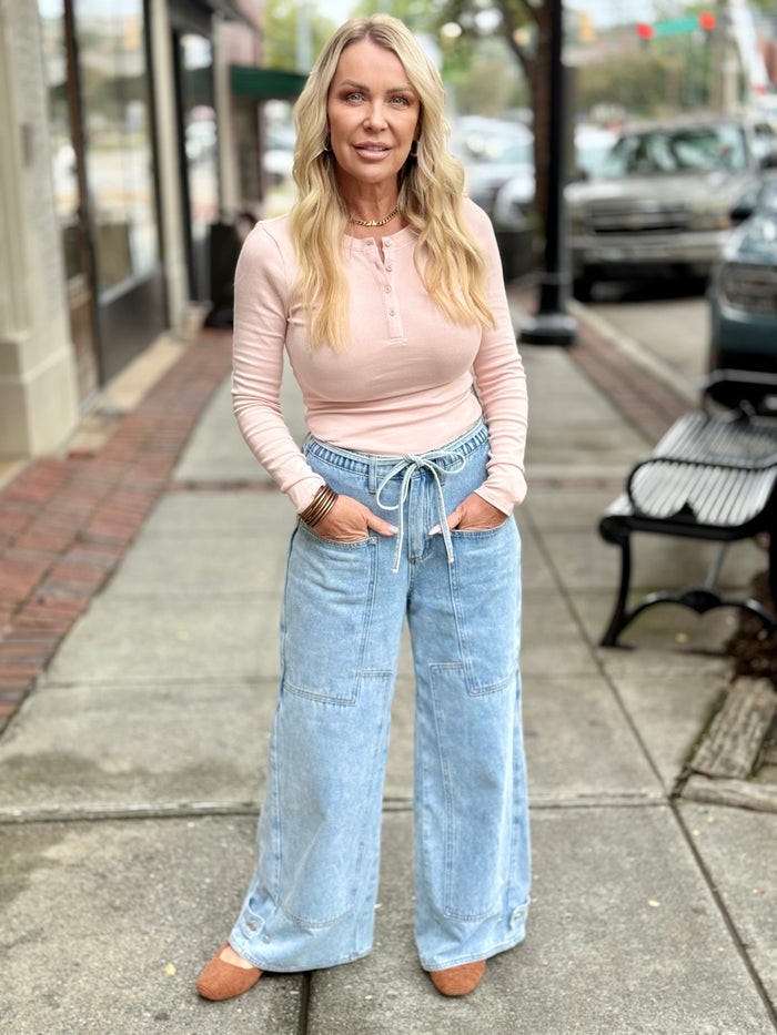 Fitted Henley Top | Pink