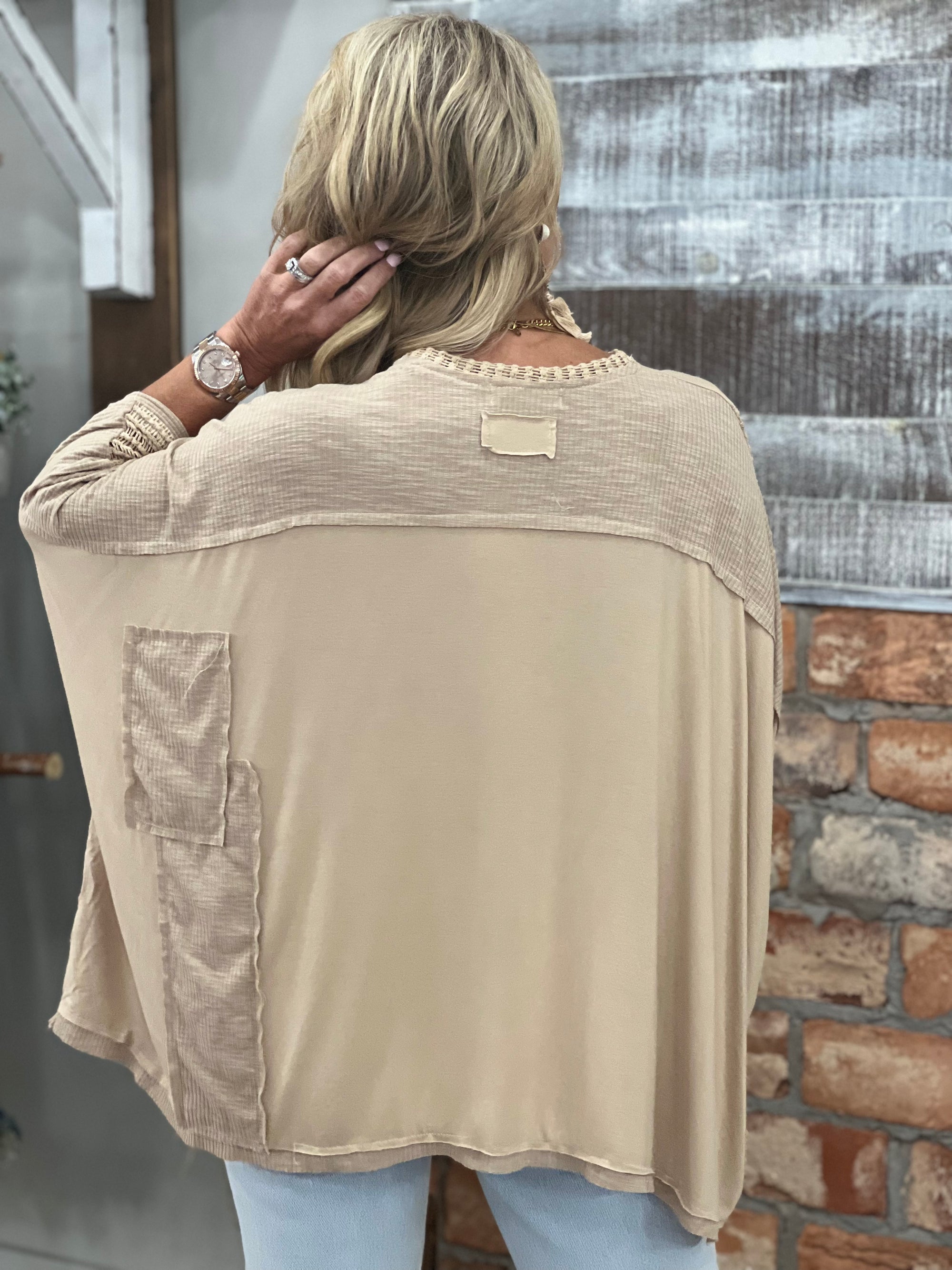 Oversized High Low Mixed Fabric Top
