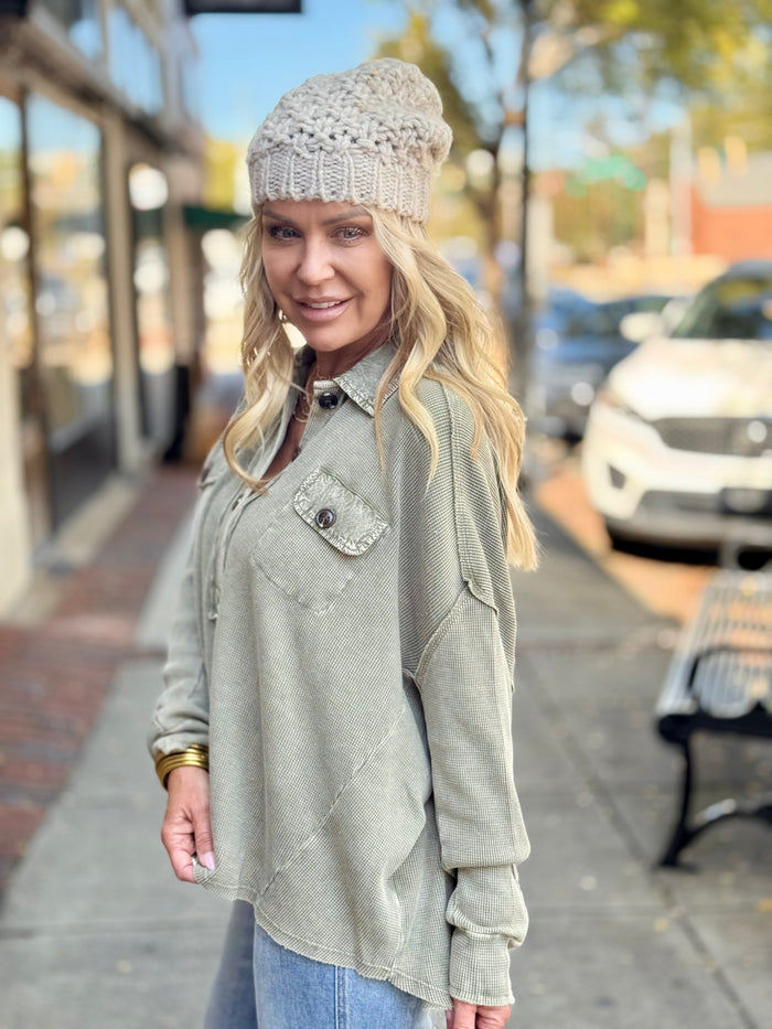 Washed Waffle Henley Top
