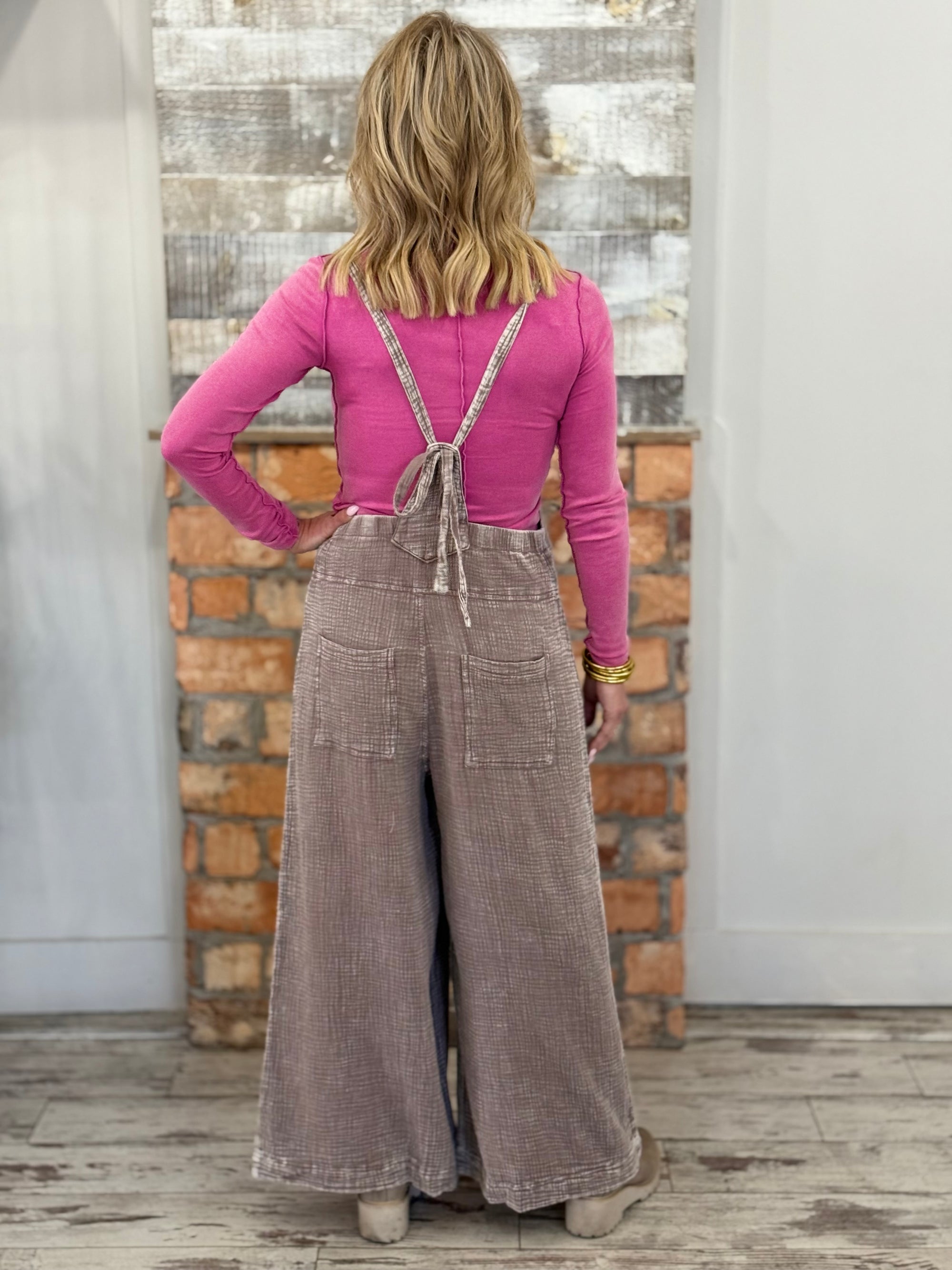 Washed Wide Leg Gauze Overalls | Mocha