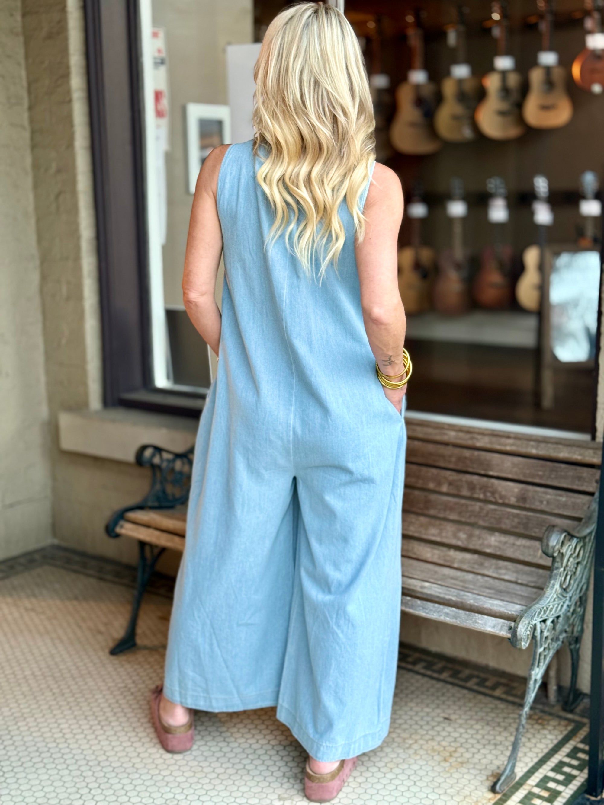 Pleated Wide Leg Denim Jumpsuit