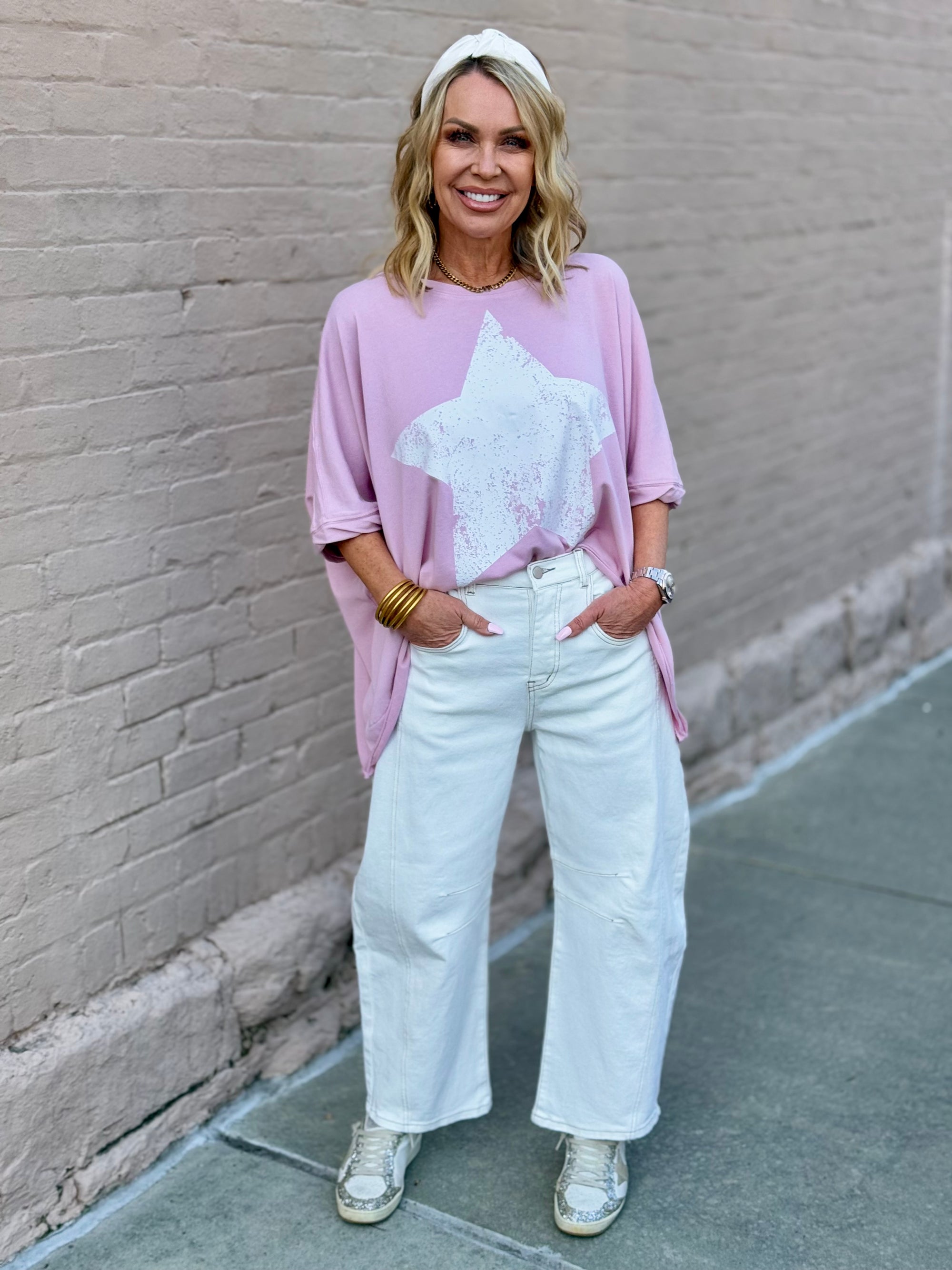 Oversized High Low Star Top | Pink