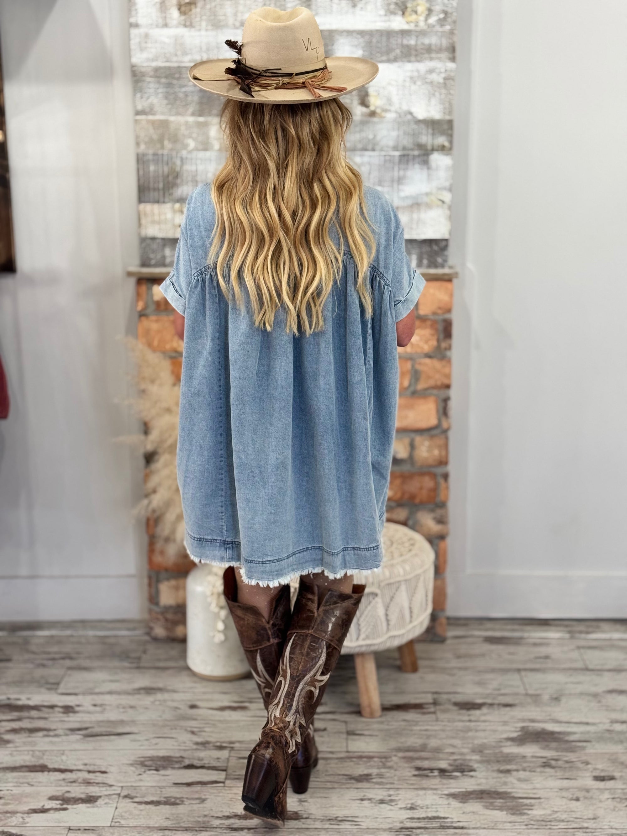 Frayed Hem Denim Babydoll Dress