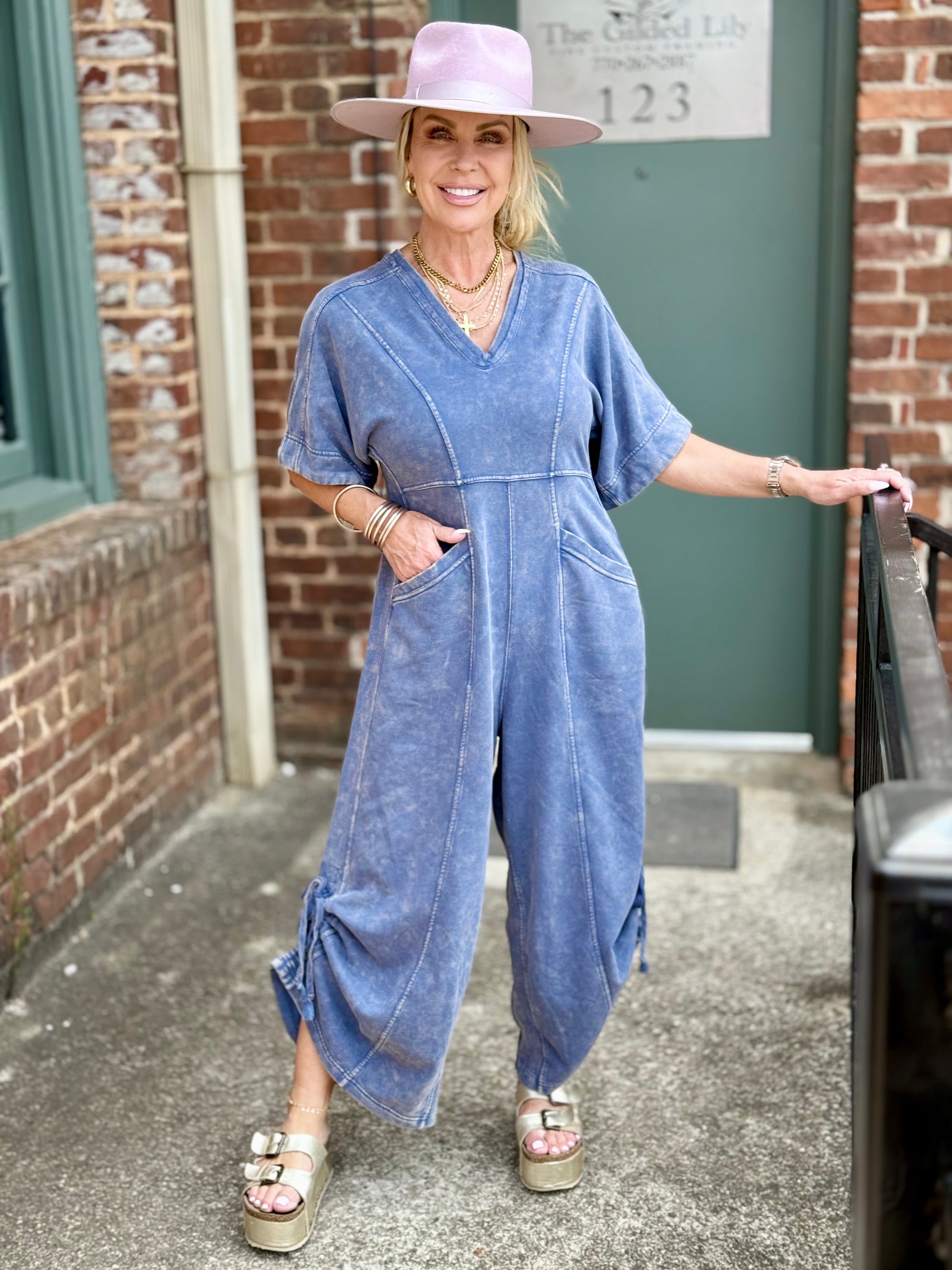 Washed Cinched Wide Leg Jumpsuit