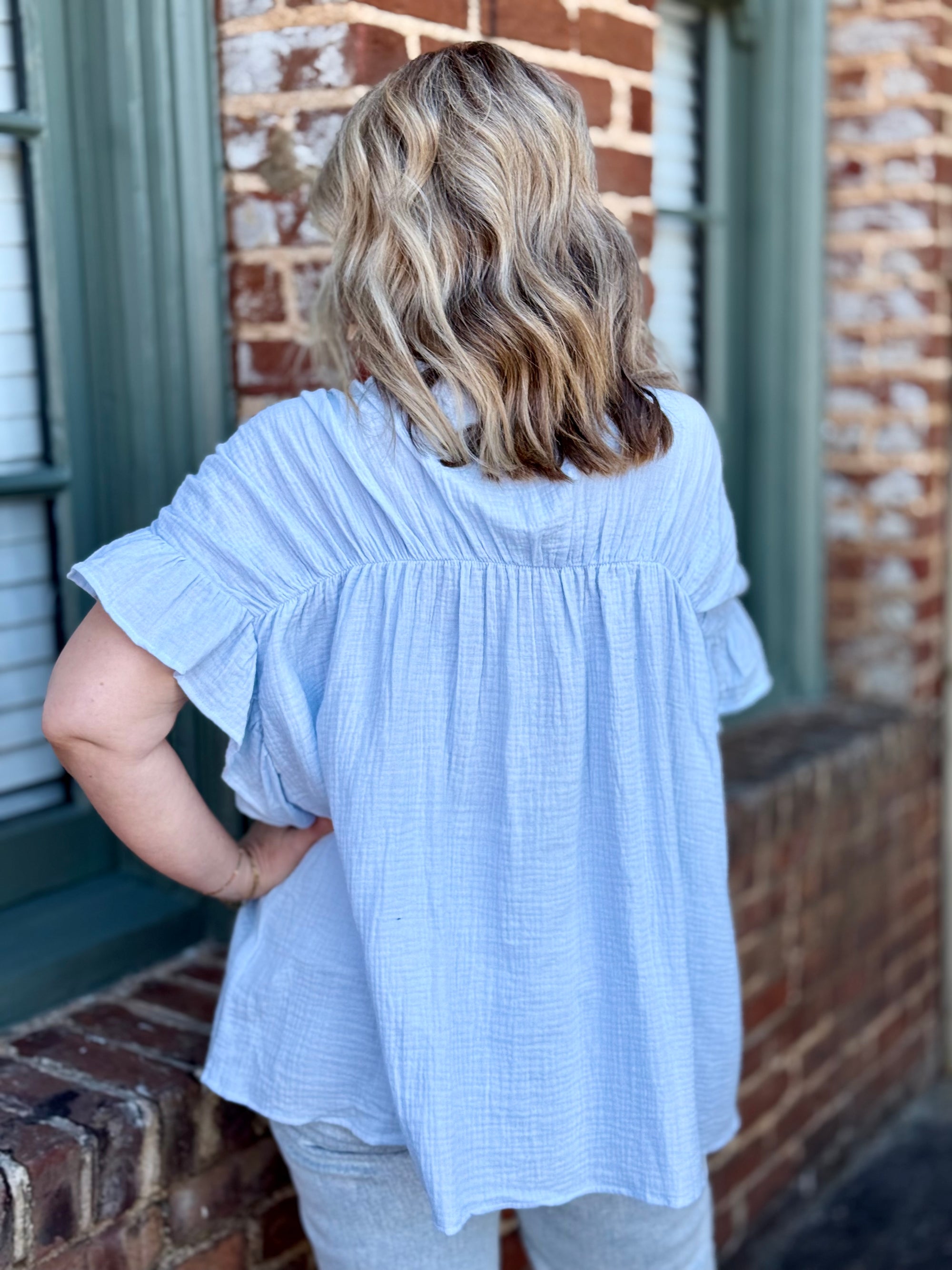 Shirred Gauze Button Up Top | Blue