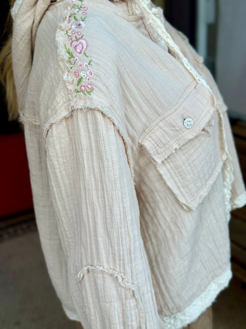 Textured Lace Trim Hooded Top