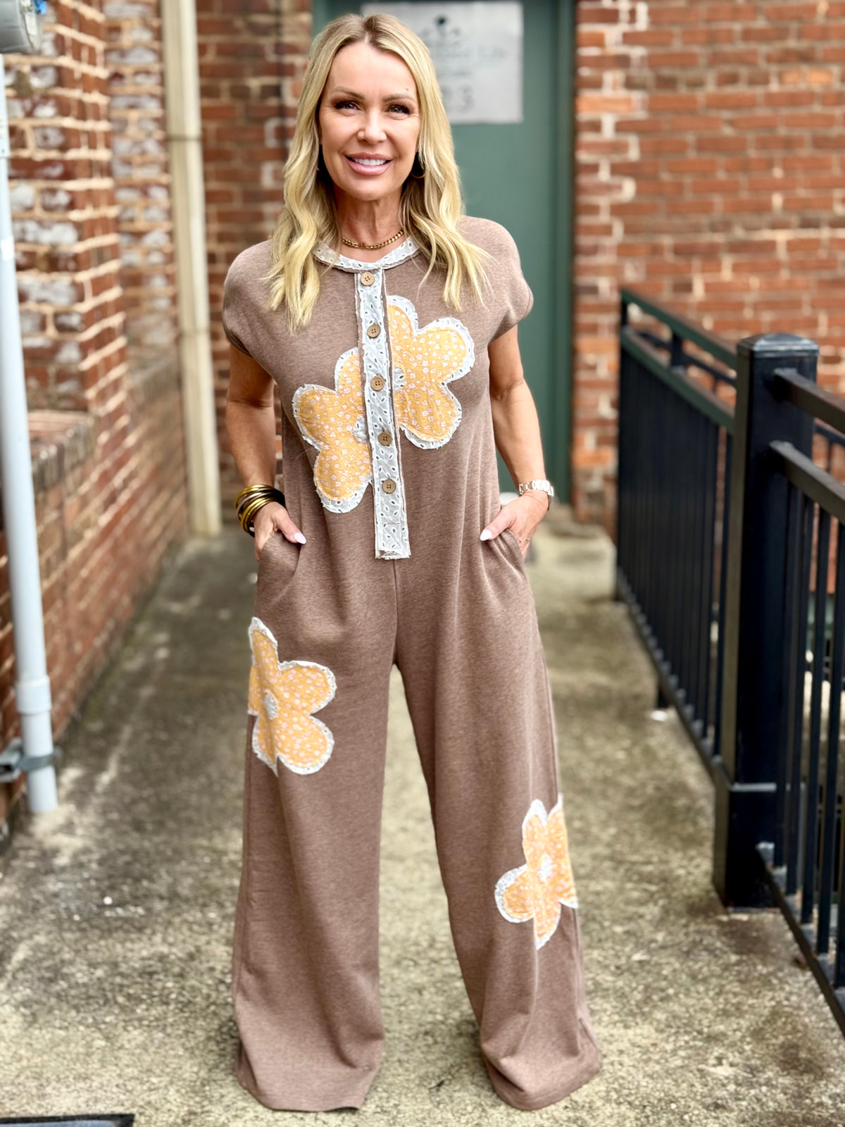 Eyelet Floral Patch Wide Leg Jumpsuit