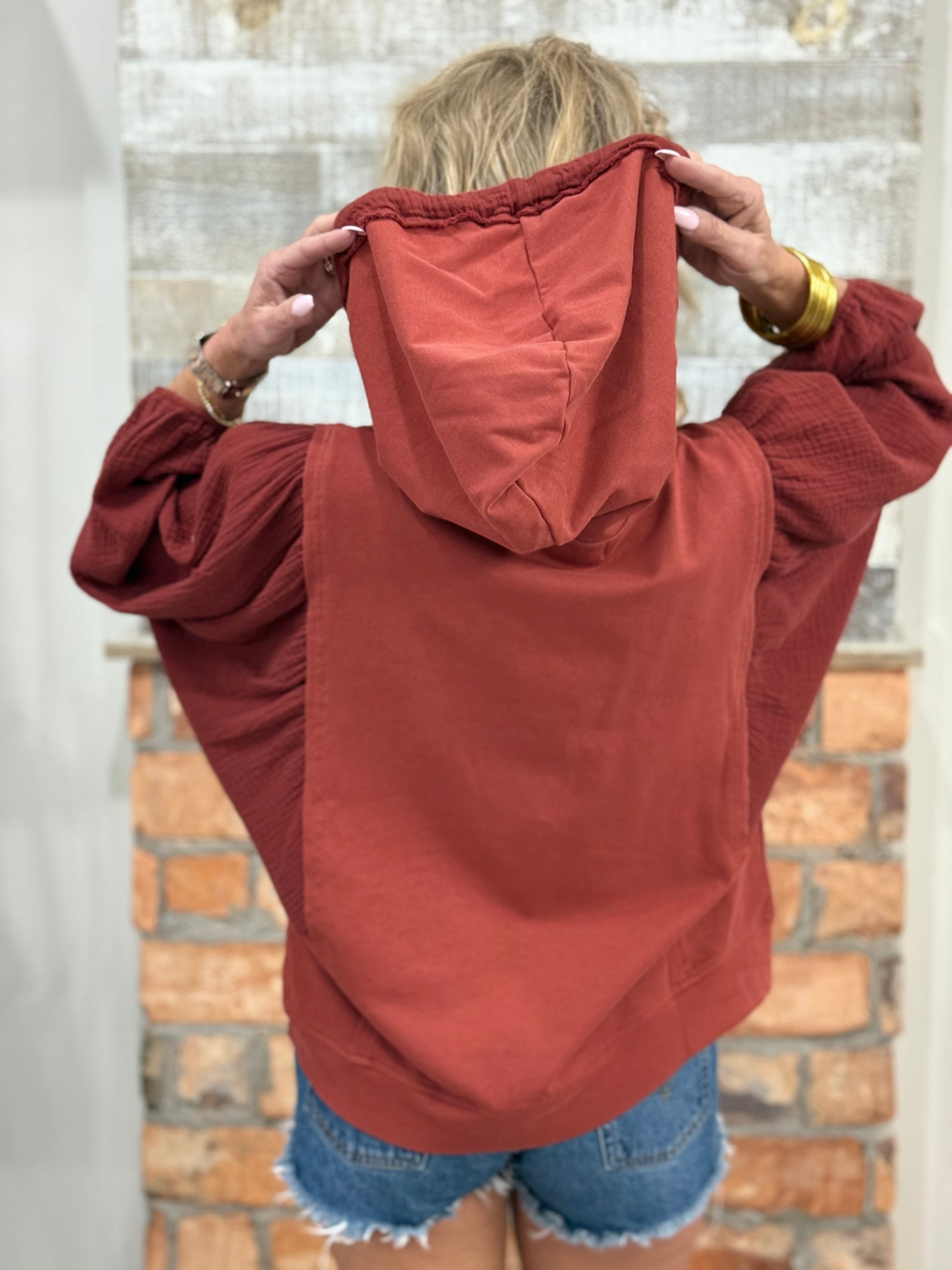 Gauze Puff Sleeve Hooded Top