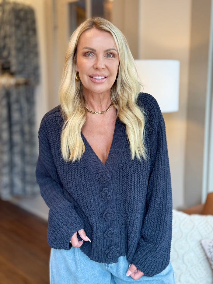 Flower Button Chenille Sweater