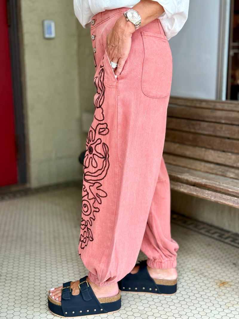 Floral Embroidered Jogger Pants | Washed Red