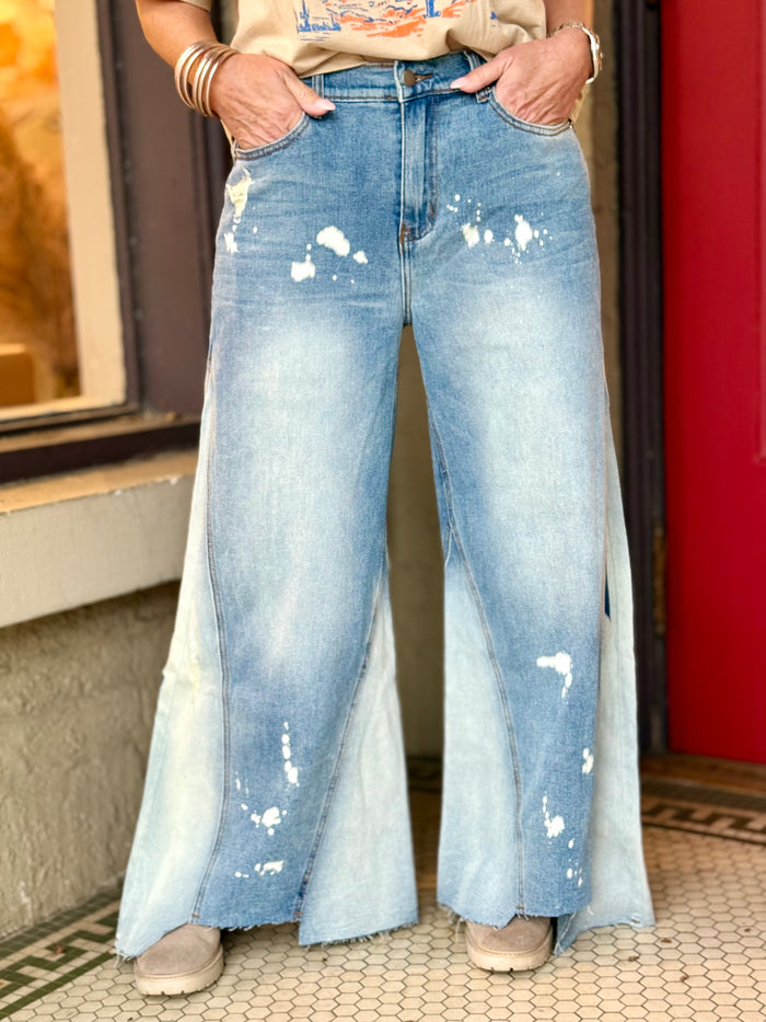 Paint Splattered Uneven Hem Wide Leg Jeans