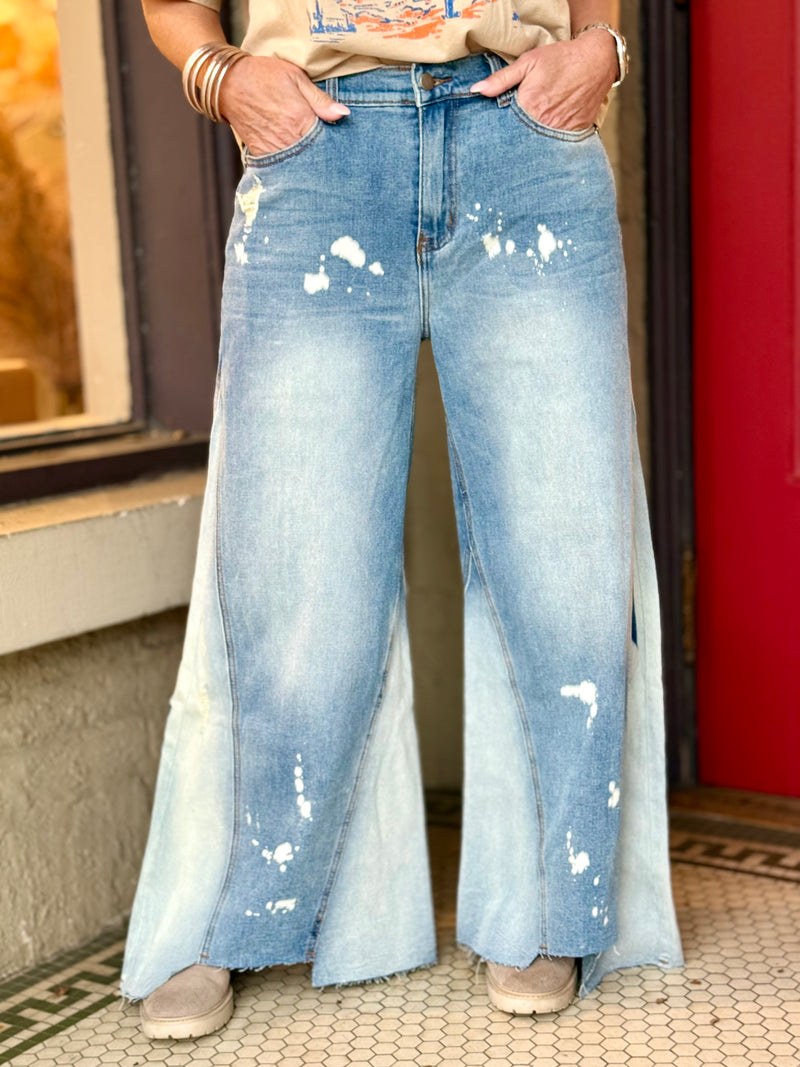 Paint Splattered Uneven Hem Wide Leg Jeans