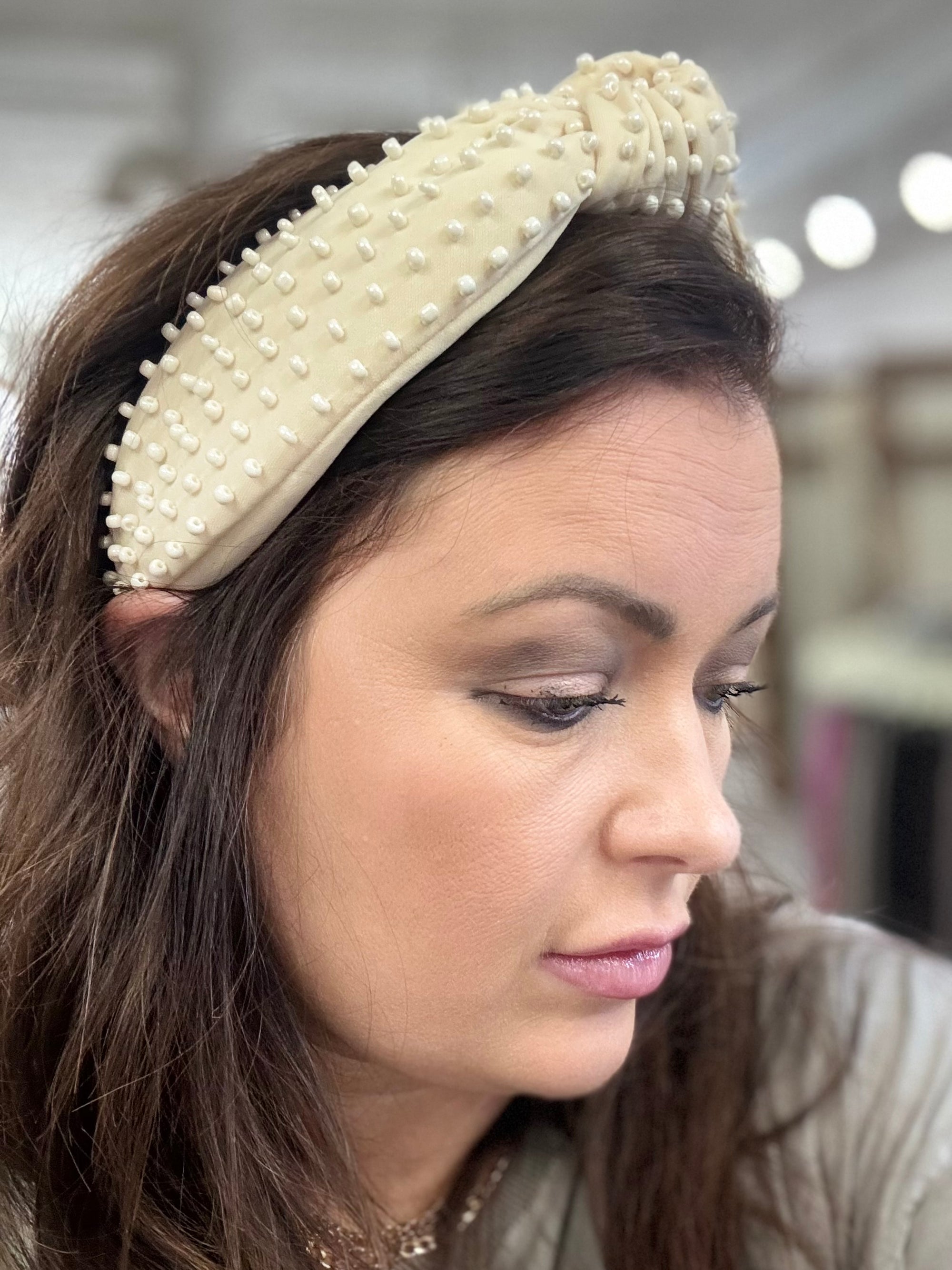 Solid Beaded Knotted Headband in Cream