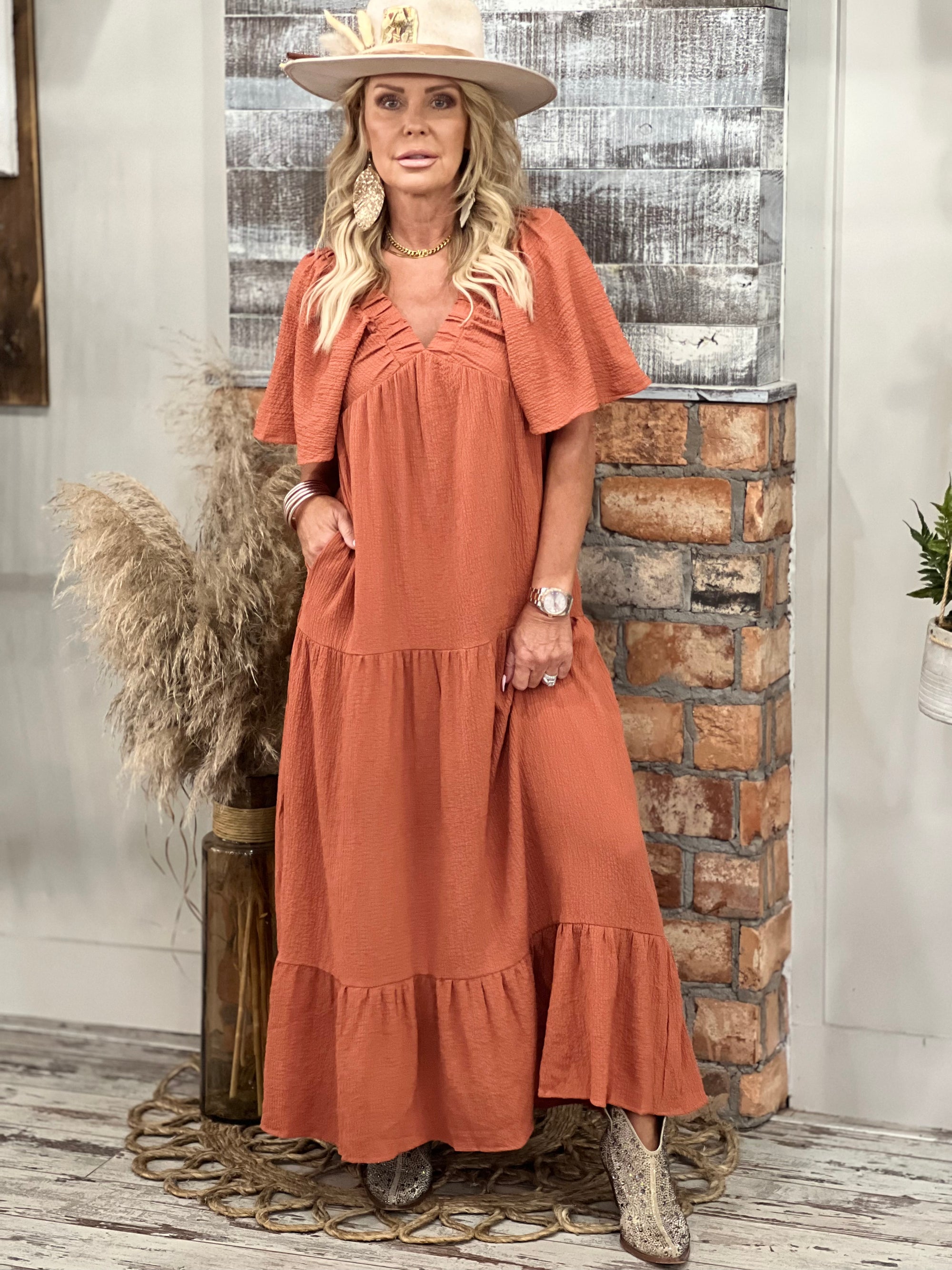 Tiered Flare Sleeve Maxi Dress in Rust