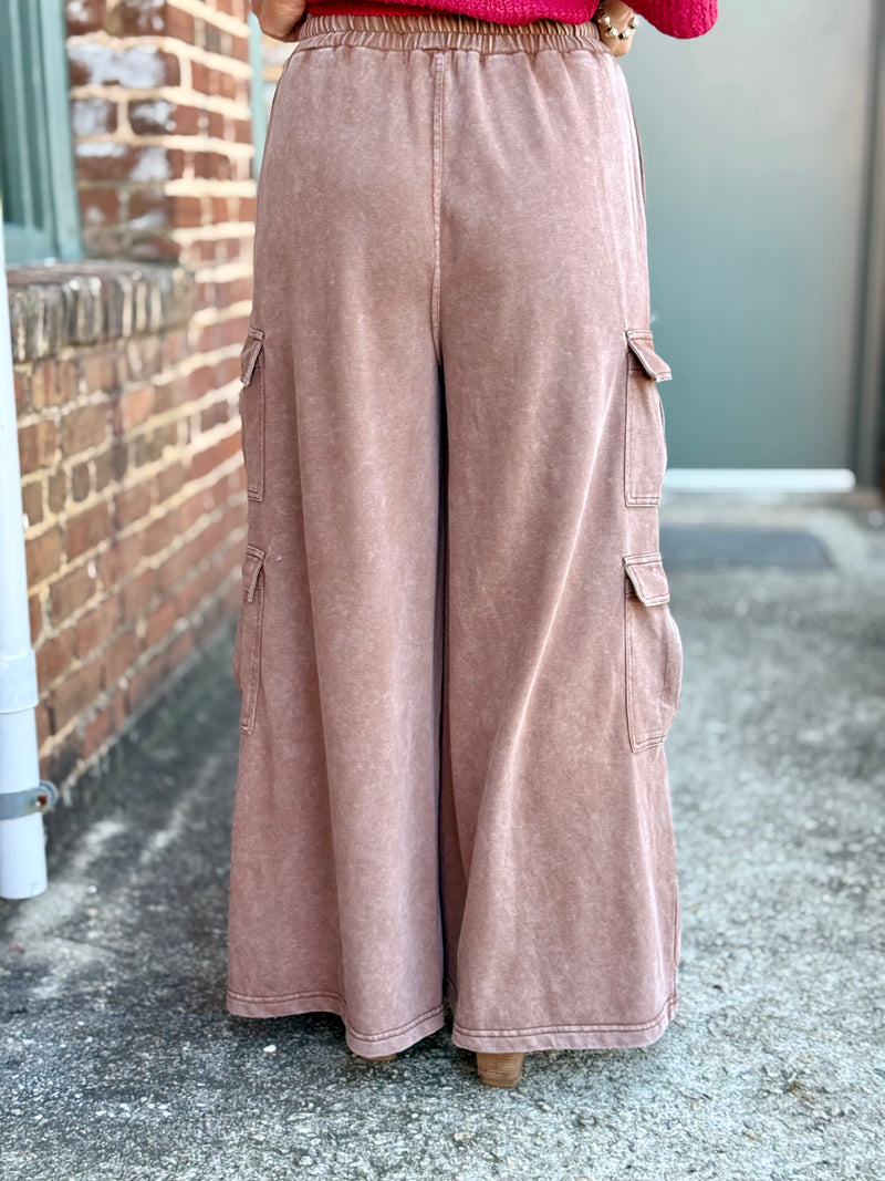Washed Wide Leg Cargo Pants