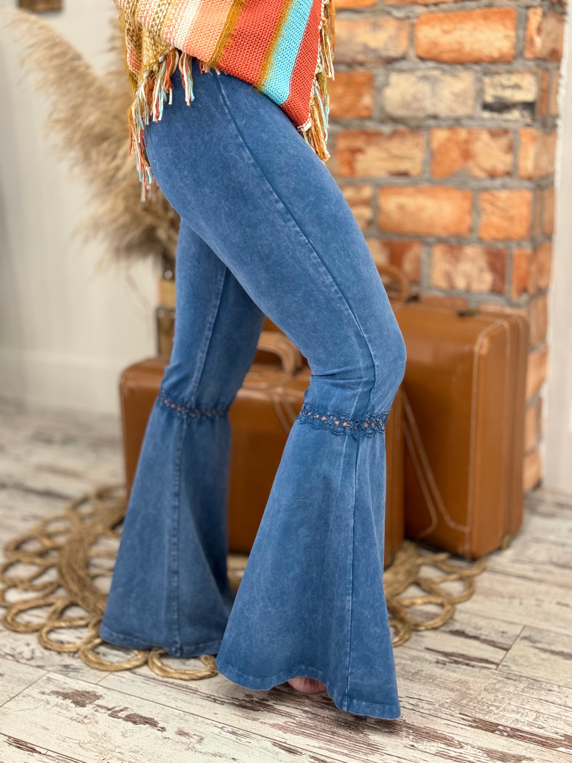 Washed Crochet Lace Bell Bottom Flare Pants in Light Denim