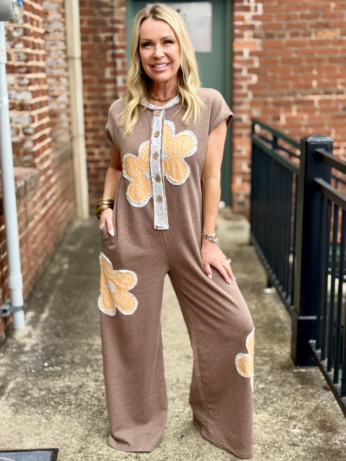 Eyelet Floral Patch Wide Leg Jumpsuit