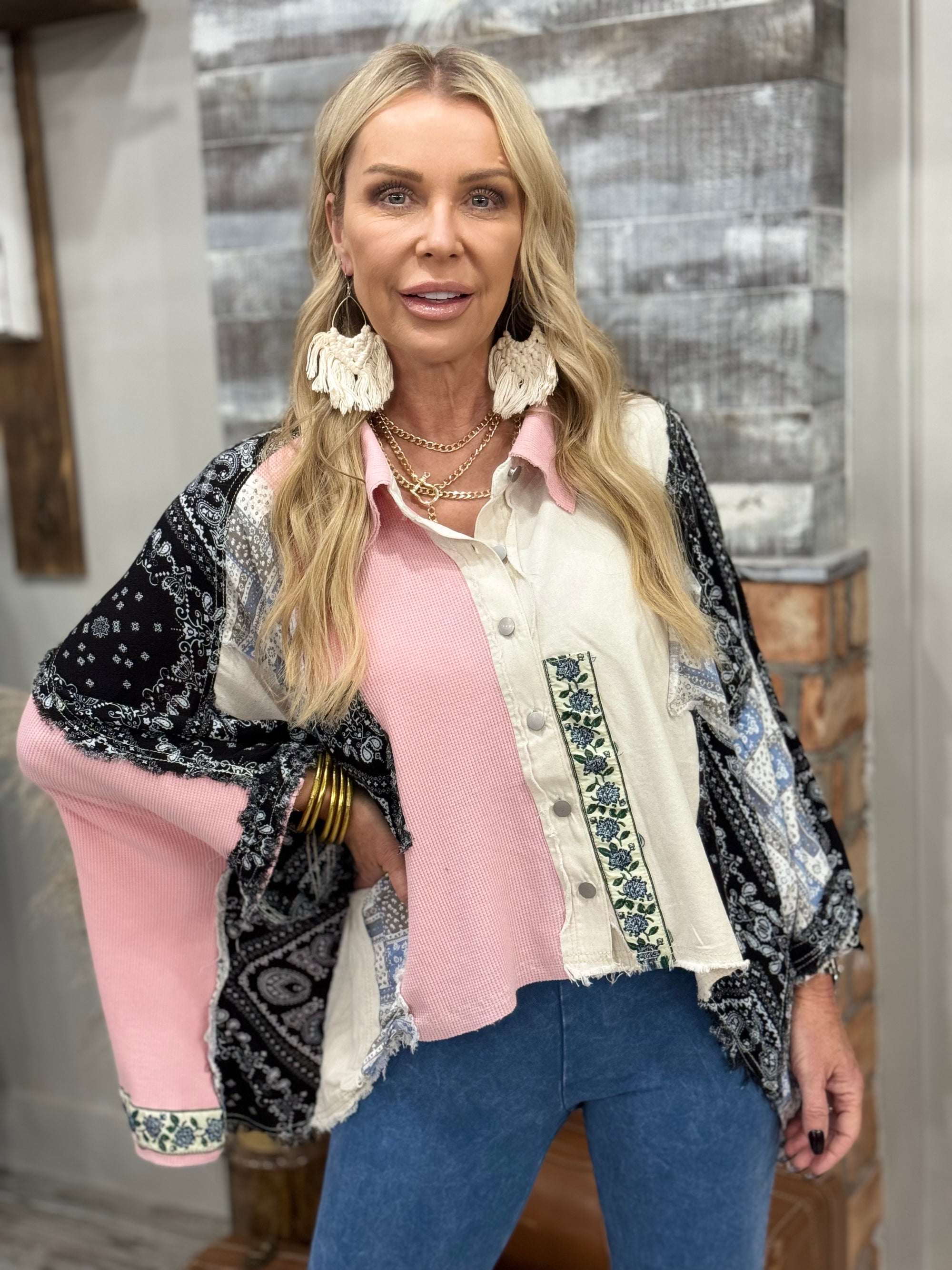 Boho Patchwork Button Down Shirt Jacket in Pink