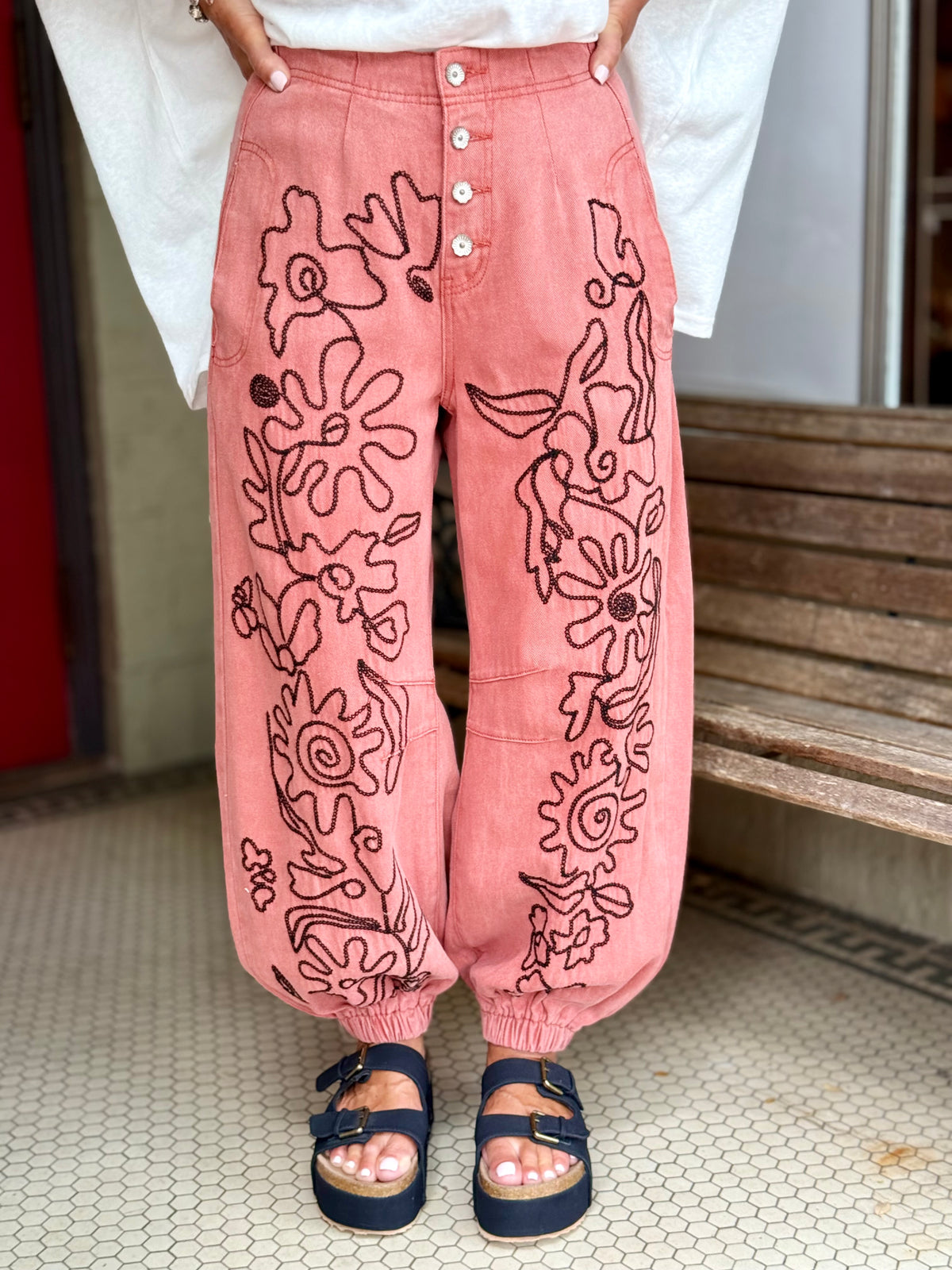 Floral Embroidered Jogger Pants | Washed Red
