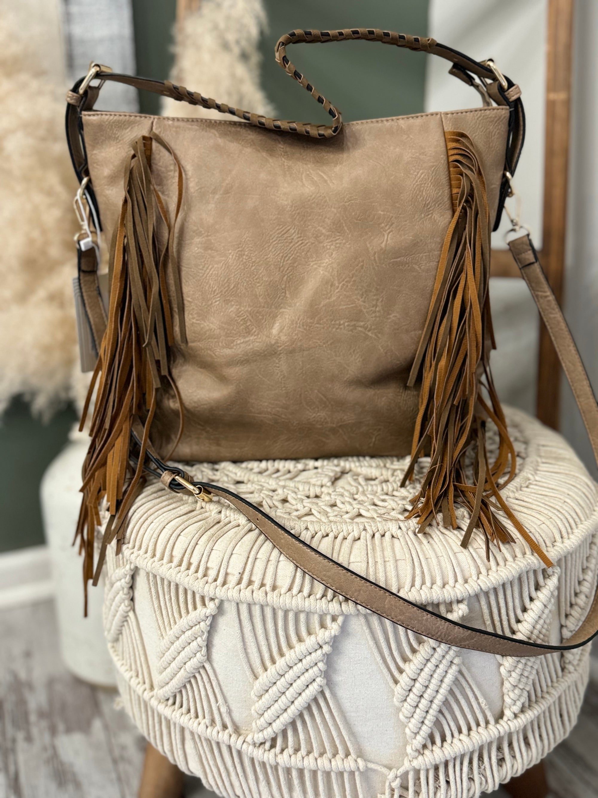 Boho Braided Strap Fringe Purse | Taupe