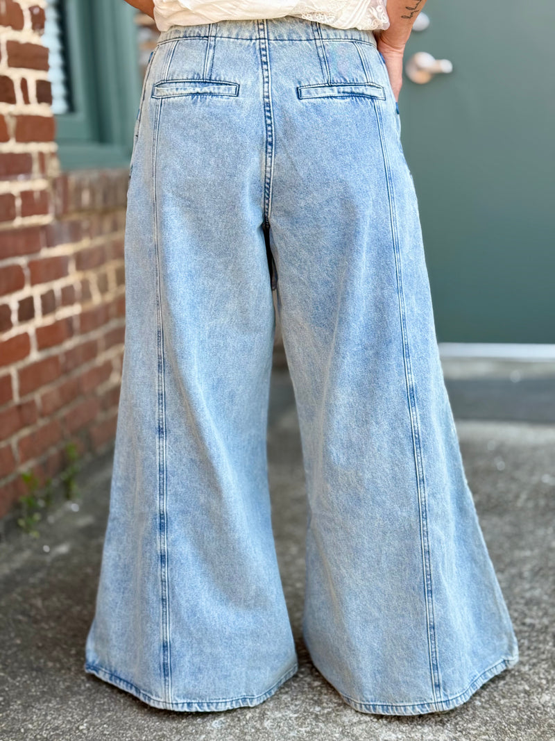 Snap Button Wide Leg Denim Pants
