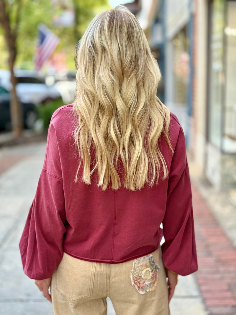 Washed Pleated Sleeve Top | Burgundy