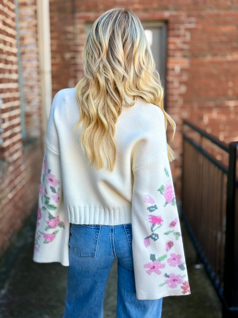 Floral Sleeve Mock Neck Sweater