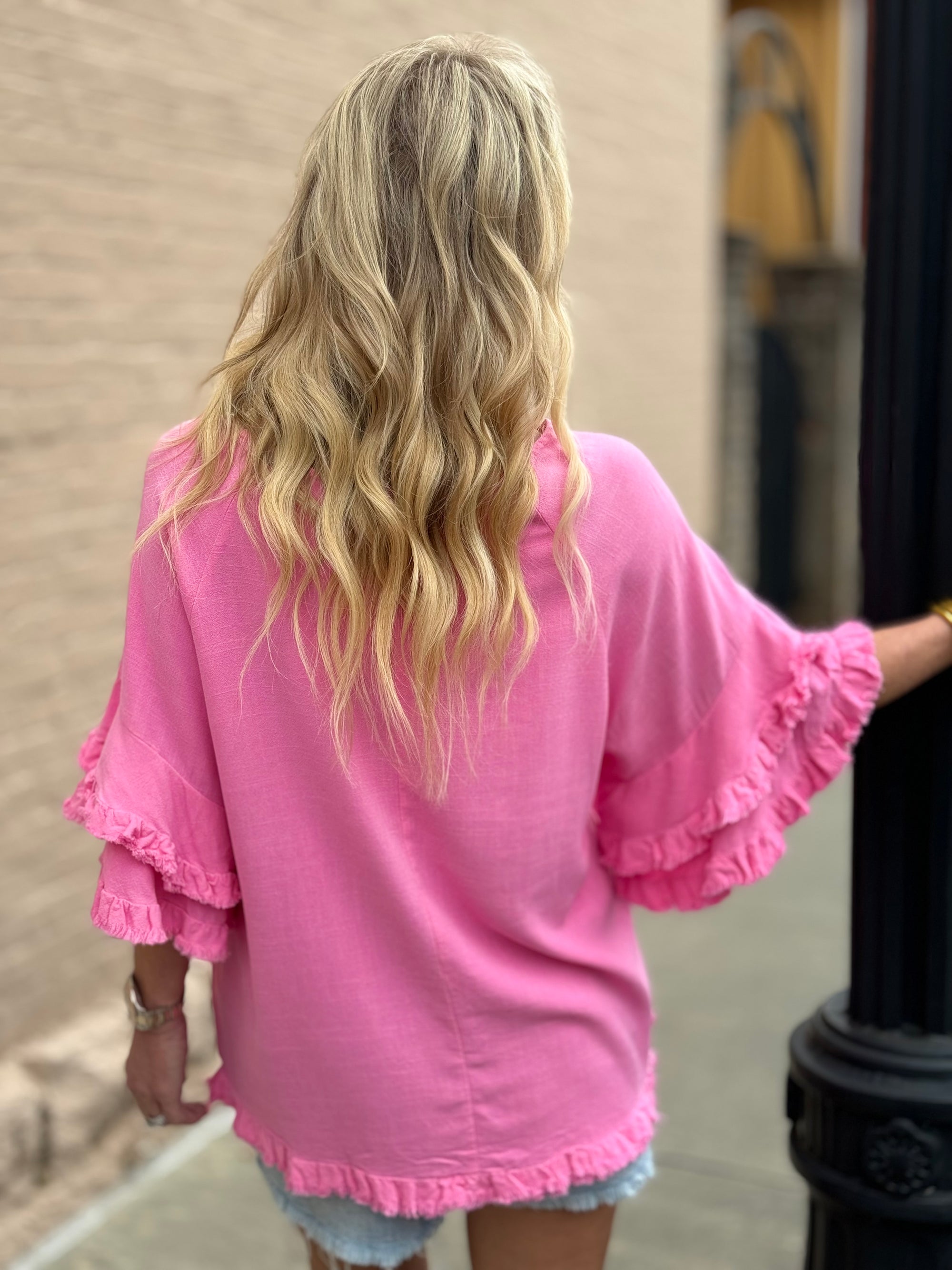 Frayed Edge Linen Top in Pink